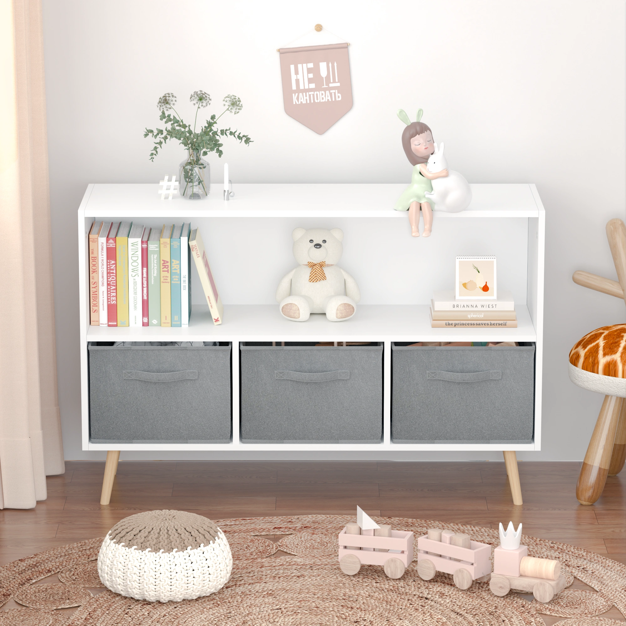 Kids Bookcase with Collapsible Fabric Drawers, Children's Book Display & Toy Storage Cabinet Organizer, White/Gray view 26