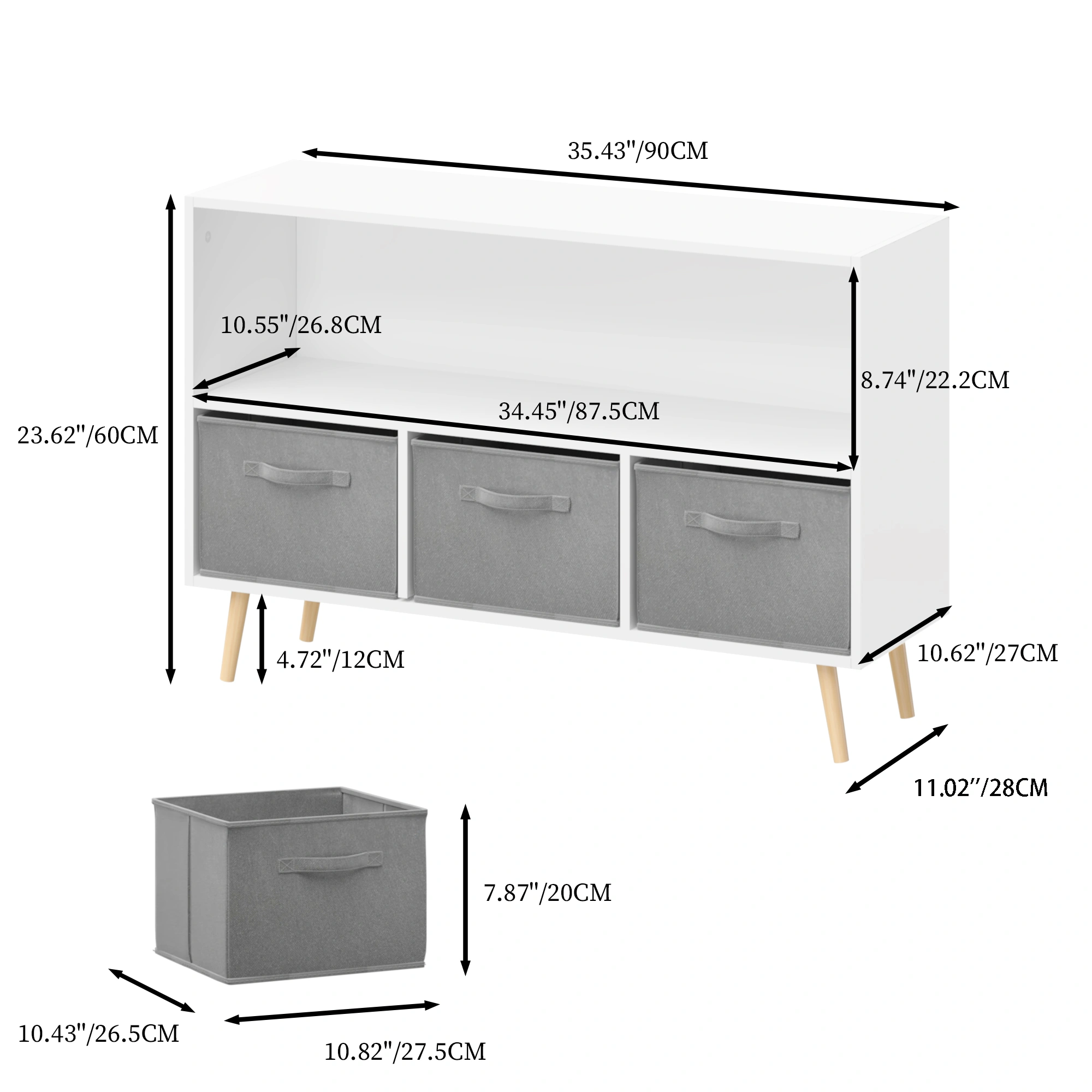 Kids Bookcase with Collapsible Fabric Drawers, Children's Book Display & Toy Storage Cabinet Organizer, White/Gray view 29
