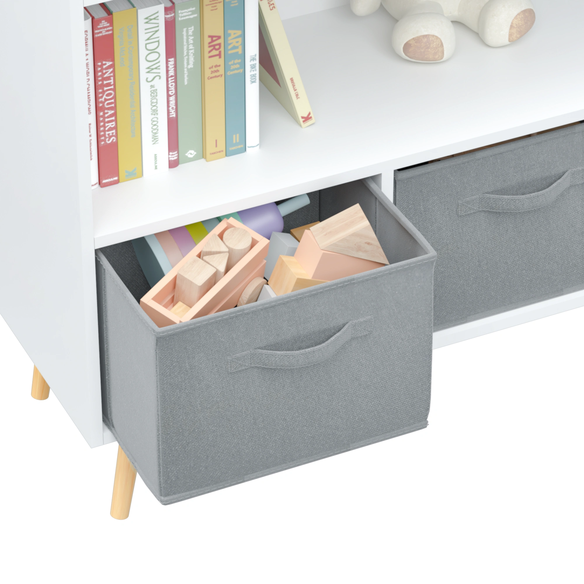 Kids Bookcase with Collapsible Fabric Drawers, Children's Book Display & Toy Storage Cabinet Organizer, White/Gray view 3