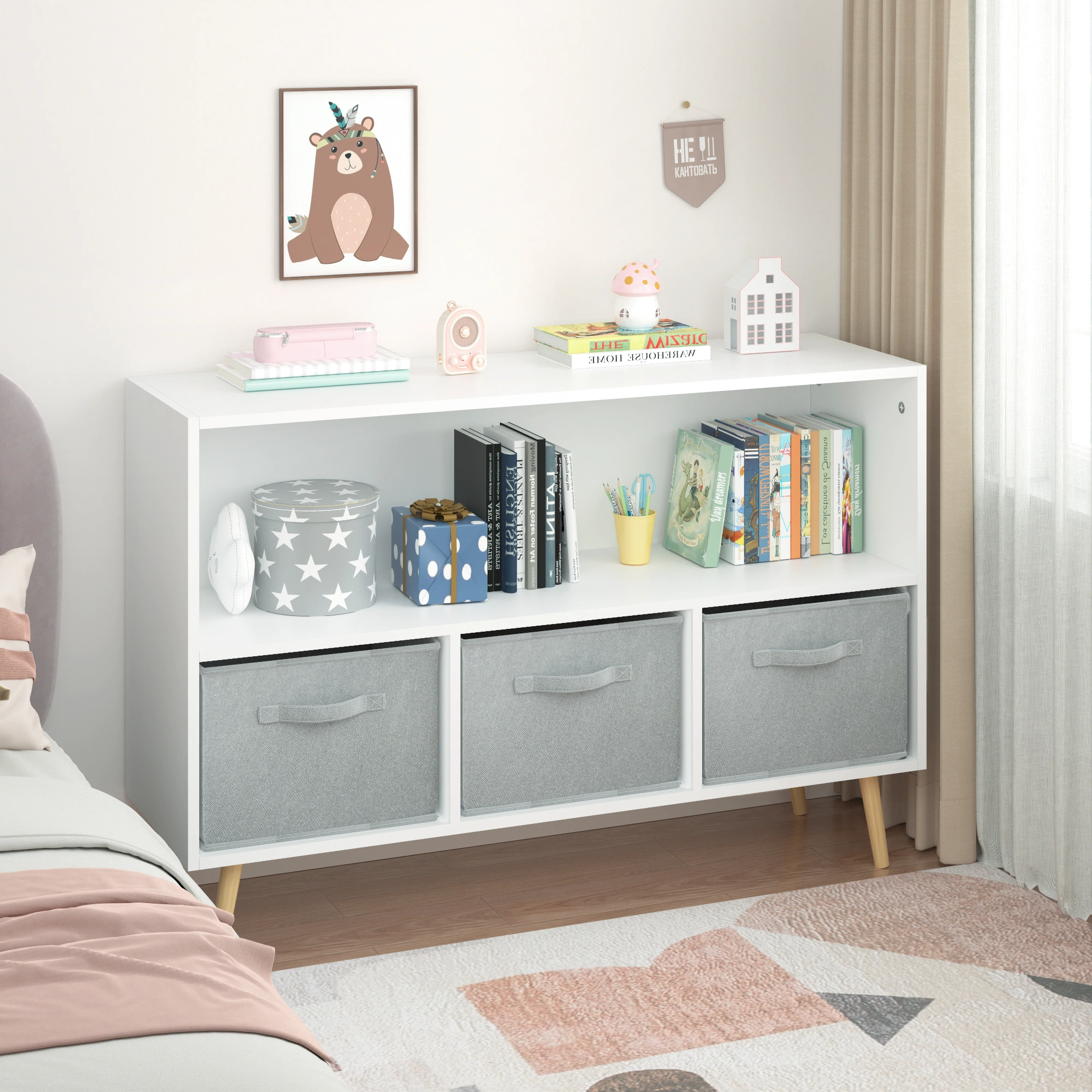 Kids Bookcase with Collapsible Fabric Drawers, Children's Book Display & Toy Storage Cabinet Organizer, White/Gray view 9