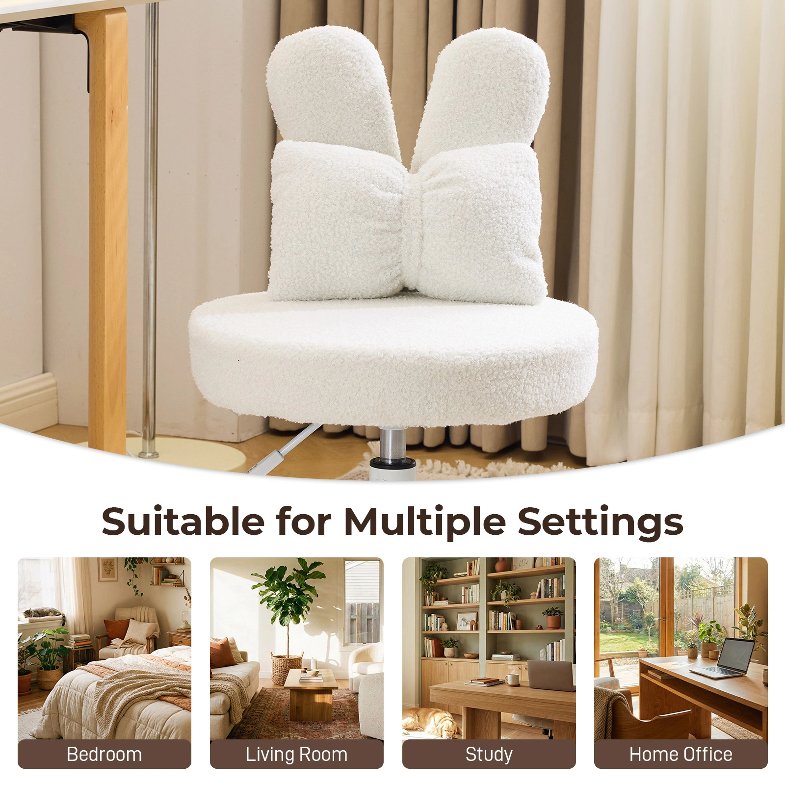 Cute Bunny Ear Desk Chair 16.93"W x 17.72"D, Adjustable Height 360° Swivel Vanity Chair, Bow Backrest, Fluffy Teddy Fleece Round Seat, White view 2