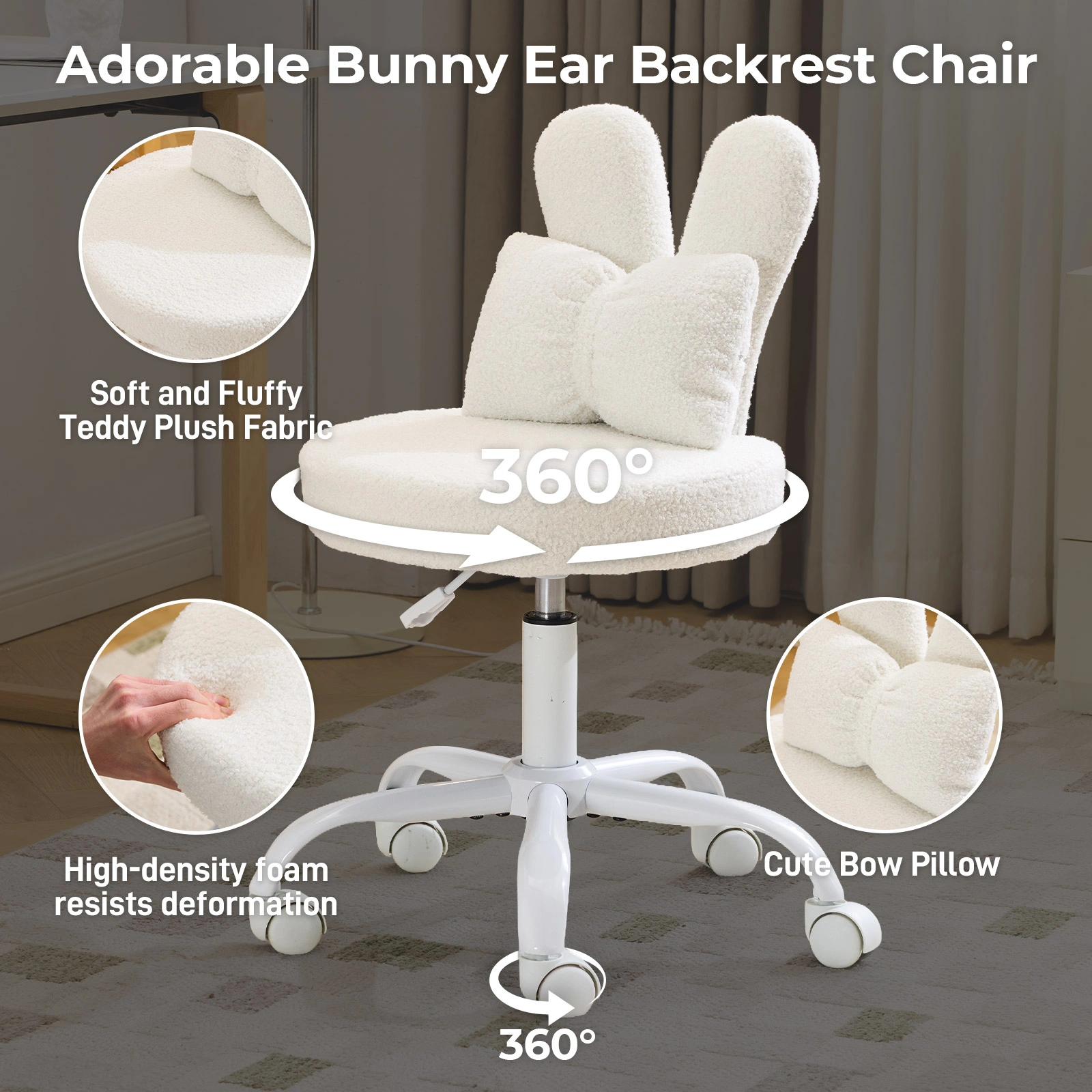 Cute Bunny Ear Desk Chair 16.93"W x 17.72"D, Adjustable Height 360° Swivel Vanity Chair, Bow Backrest, Fluffy Teddy Fleece Round Seat, White view 4