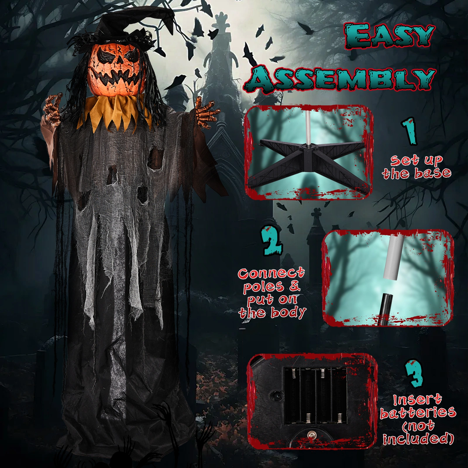 6ft Skull-Headed Pumpkin Man with Orange Eyes, Bullet-Shaped Head, Ghostly Scream, Voice-Activated, Battery-Powered (Batteries Not Included), Halloween Standing Decoration view 7