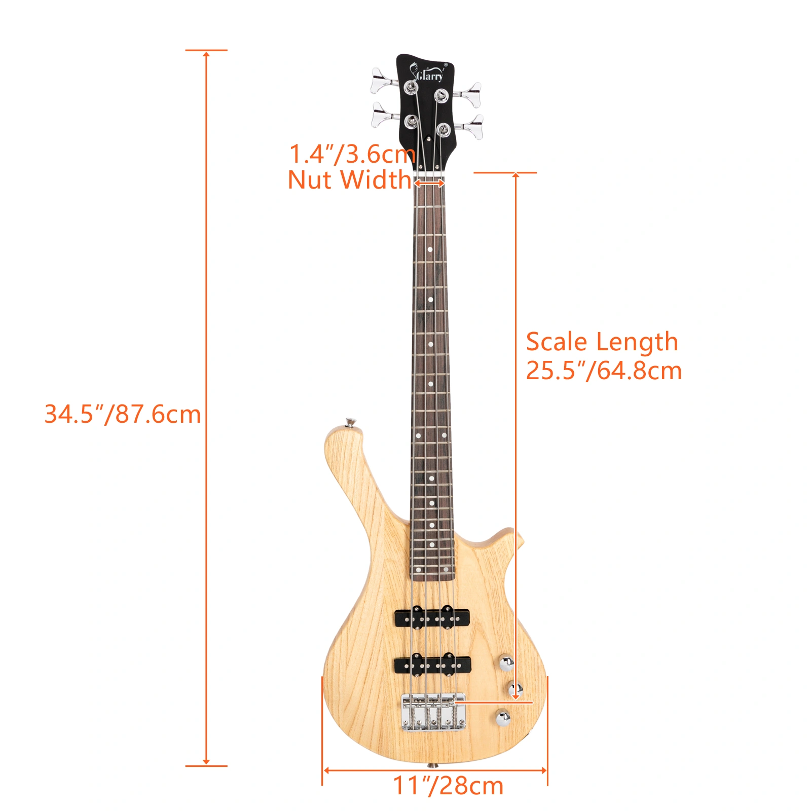 GW101 36in Small Scale Electric Bass Guitar Suit With Mahogany Body SS Pickups, Guitar Bag, Strap, Cable Burlywood view 2
