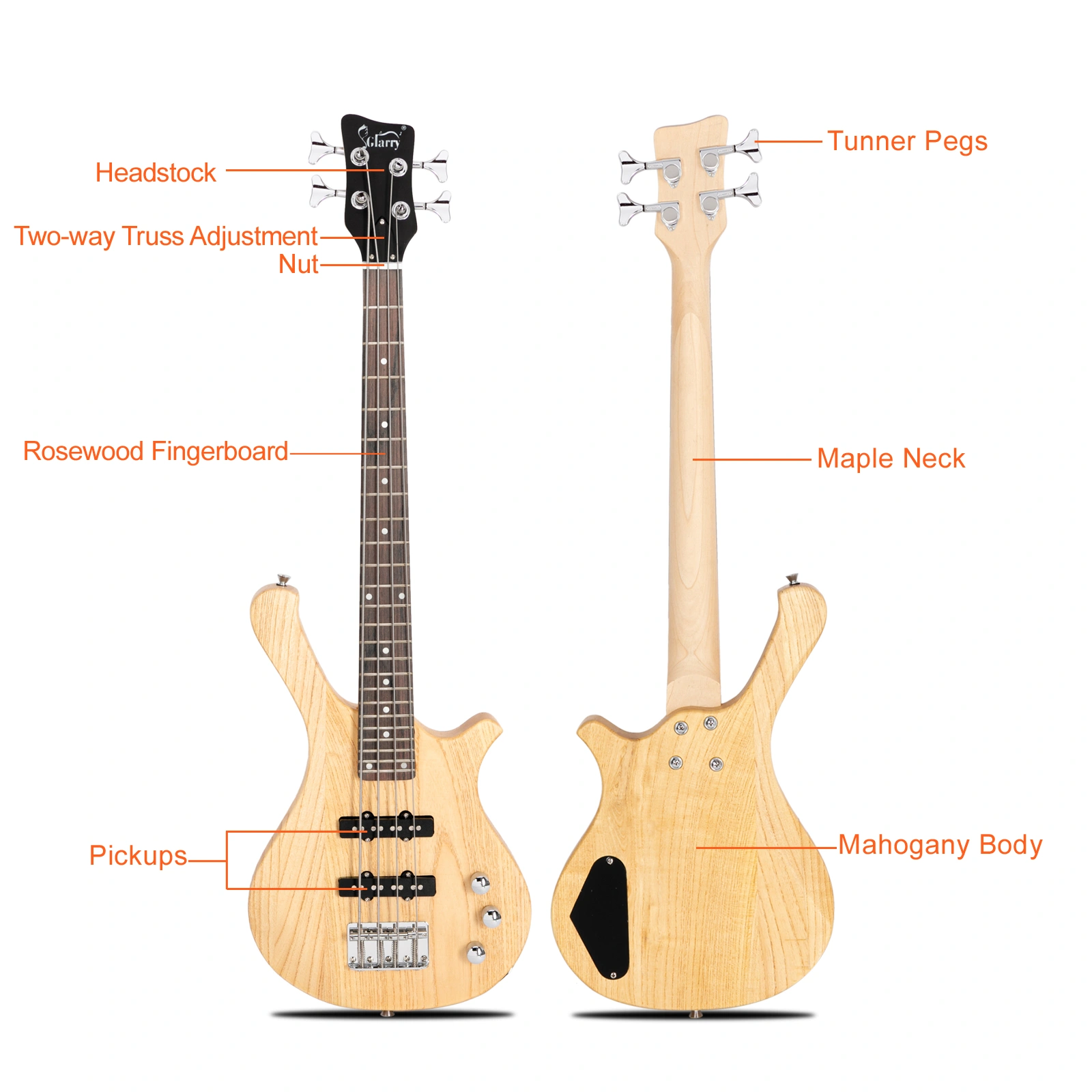 GW101 36in Small Scale Electric Bass Guitar Suit With Mahogany Body SS Pickups, Guitar Bag, Strap, Cable Burlywood view 3