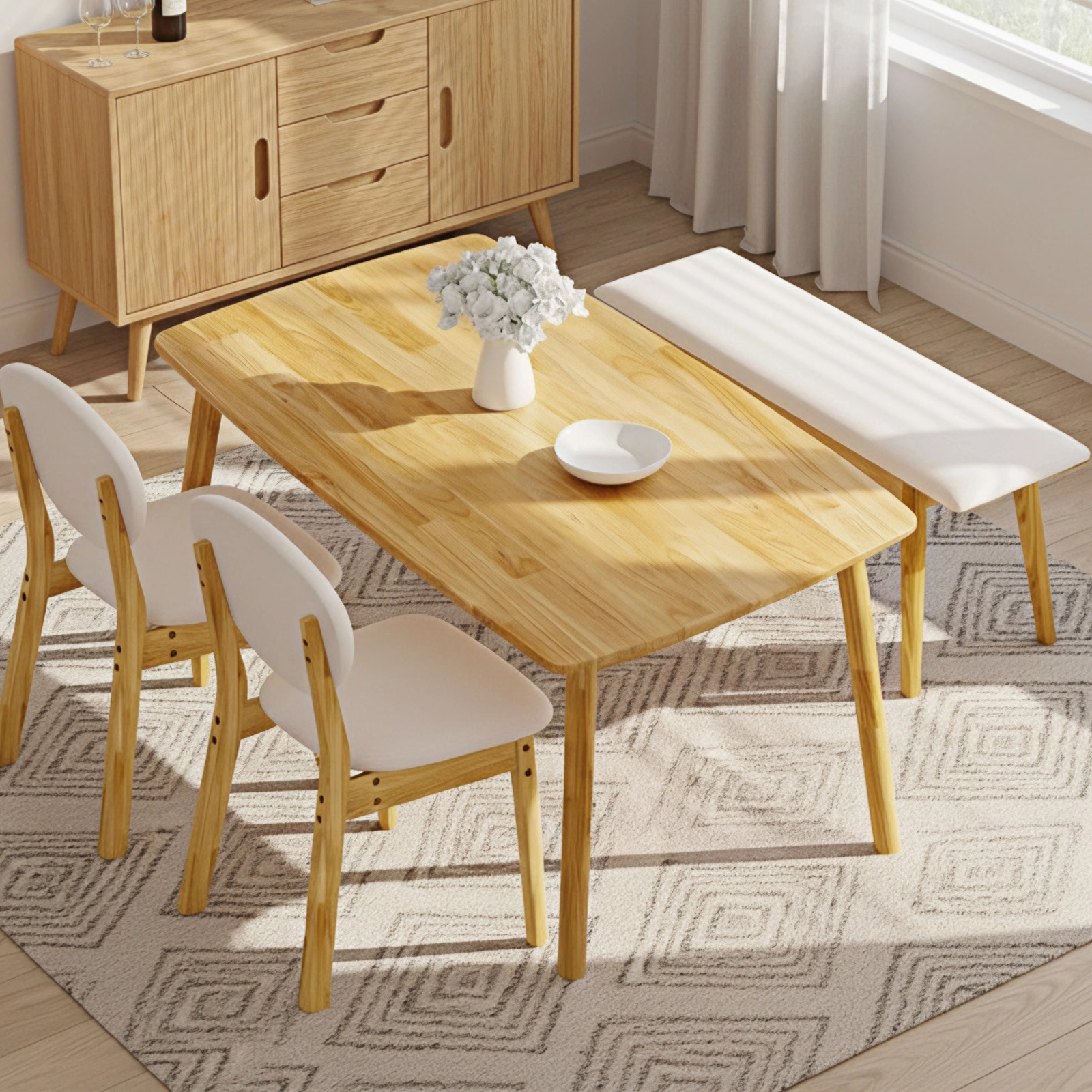 1 Table 2 Chairs 1 Bench Dining Set, Rubber Wood Frame with Beige Upholstered Seats, Natural Wood Finish Rectangular Kitchen Dining Furniture view 10