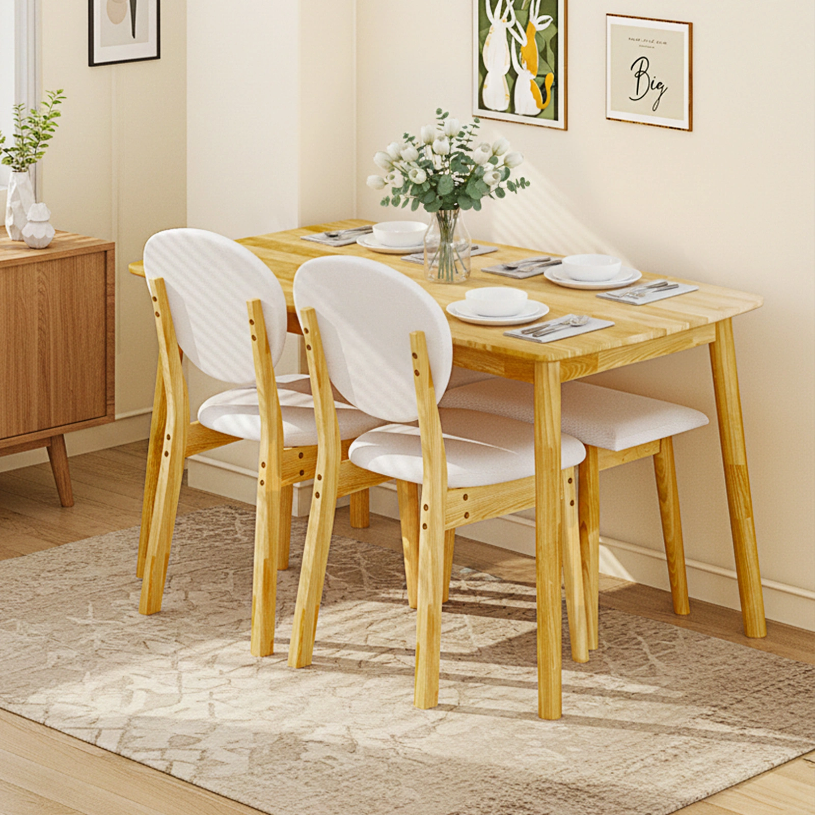 1 Table 2 Chairs 1 Bench Dining Set, Rubber Wood Frame with Beige Upholstered Seats, Natural Wood Finish Rectangular Kitchen Dining Furniture view 11