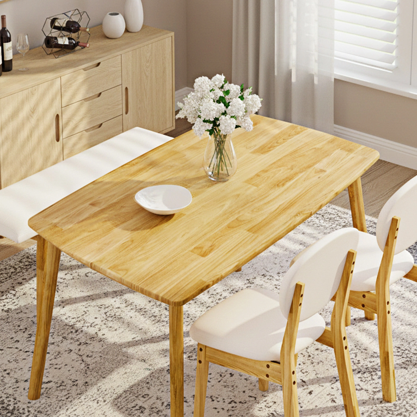 1 Table 2 Chairs 1 Bench Dining Set, Rubber Wood Frame with Beige Upholstered Seats, Natural Wood Finish Rectangular Kitchen Dining Furniture view 13