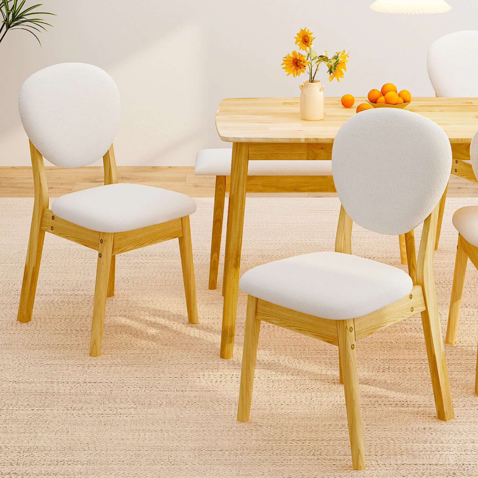 1 Table 2 Chairs 1 Bench Dining Set, Rubber Wood Frame with Beige Upholstered Seats, Natural Wood Finish Rectangular Kitchen Dining Furniture view 14