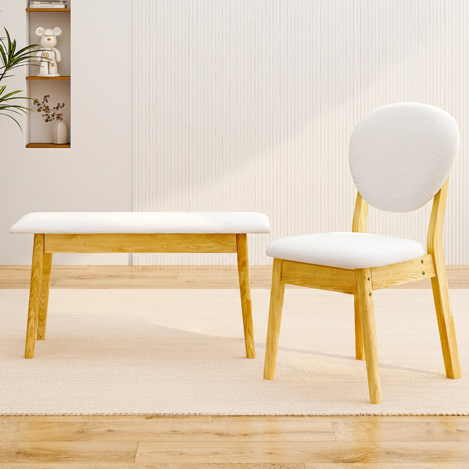 1 Table 2 Chairs 1 Bench Dining Set, Rubber Wood Frame with Beige Upholstered Seats, Natural Wood Finish Rectangular Kitchen Dining Furniture view 16
