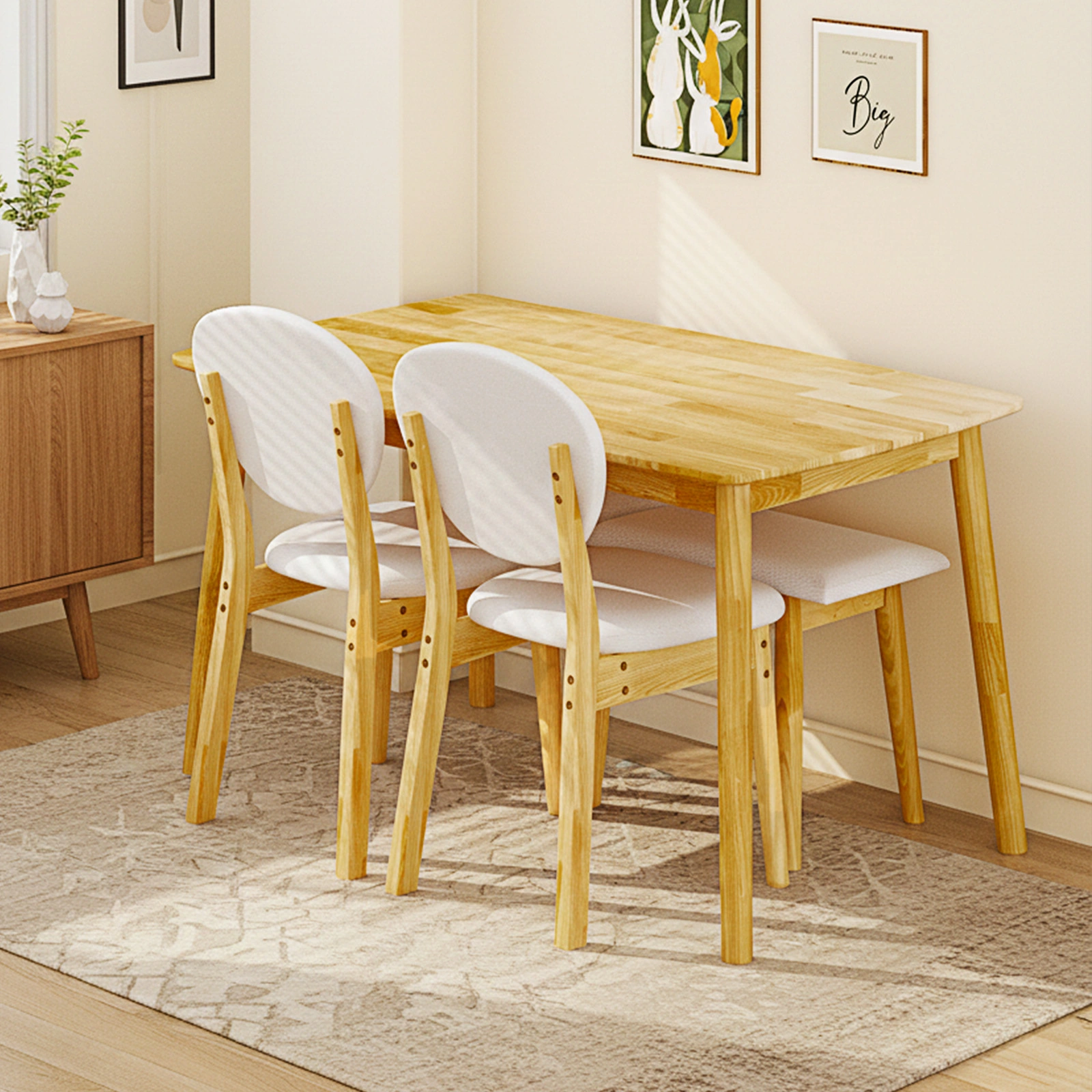 1 Table 2 Chairs 1 Bench Dining Set, Rubber Wood Frame with Beige Upholstered Seats, Natural Wood Finish Rectangular Kitchen Dining Furniture view 17