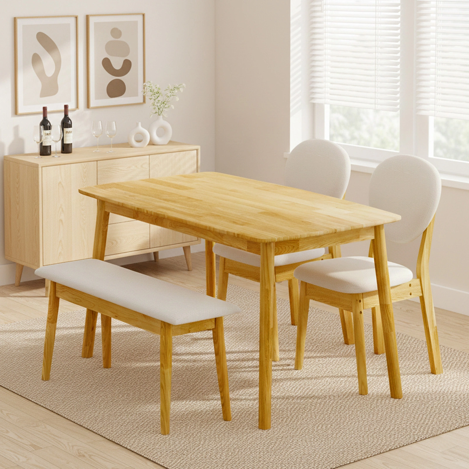 1 Table 2 Chairs 1 Bench Dining Set, Rubber Wood Frame with Beige Upholstered Seats, Natural Wood Finish Rectangular Kitchen Dining Furniture view 18