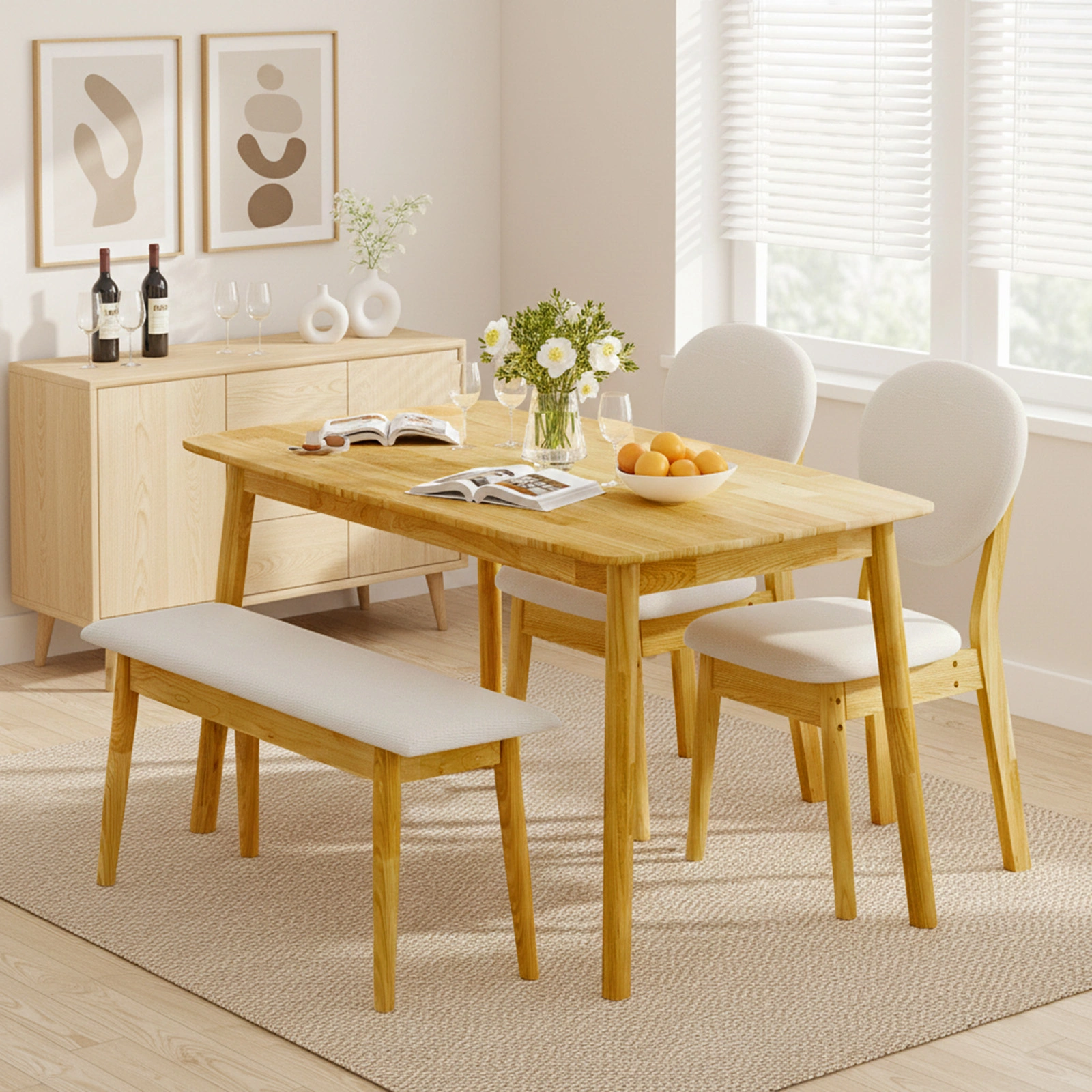 1 Table 2 Chairs 1 Bench Dining Set, Rubber Wood Frame with Beige Upholstered Seats, Natural Wood Finish Rectangular Kitchen Dining Furniture view 19