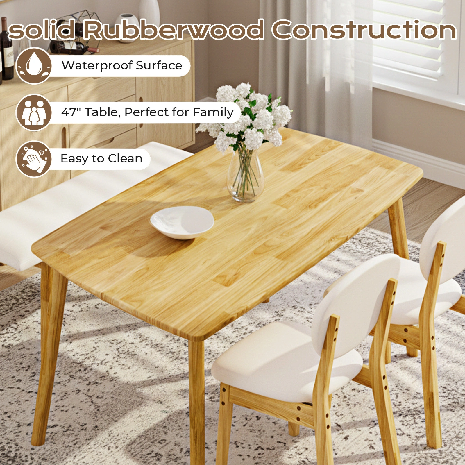 1 Table 2 Chairs 1 Bench Dining Set, Rubber Wood Frame with Beige Upholstered Seats, Natural Wood Finish Rectangular Kitchen Dining Furniture view 2