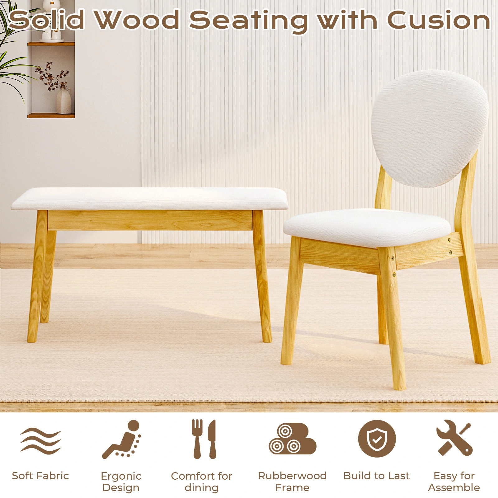 1 Table 2 Chairs 1 Bench Dining Set, Rubber Wood Frame with Beige Upholstered Seats, Natural Wood Finish Rectangular Kitchen Dining Furniture view 3