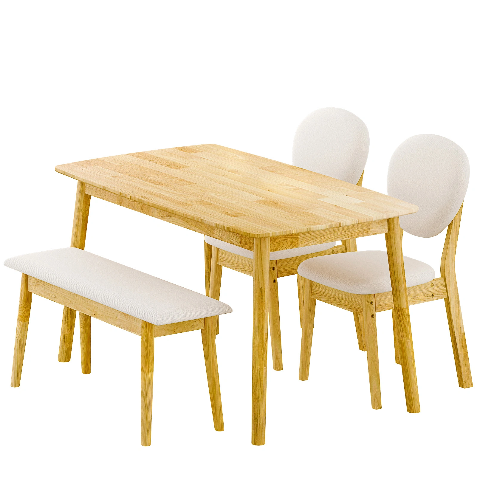 1 Table 2 Chairs 1 Bench Dining Set, Rubber Wood Frame with Beige Upholstered Seats, Natural Wood Finish Rectangular Kitchen Dining Furniture view 8