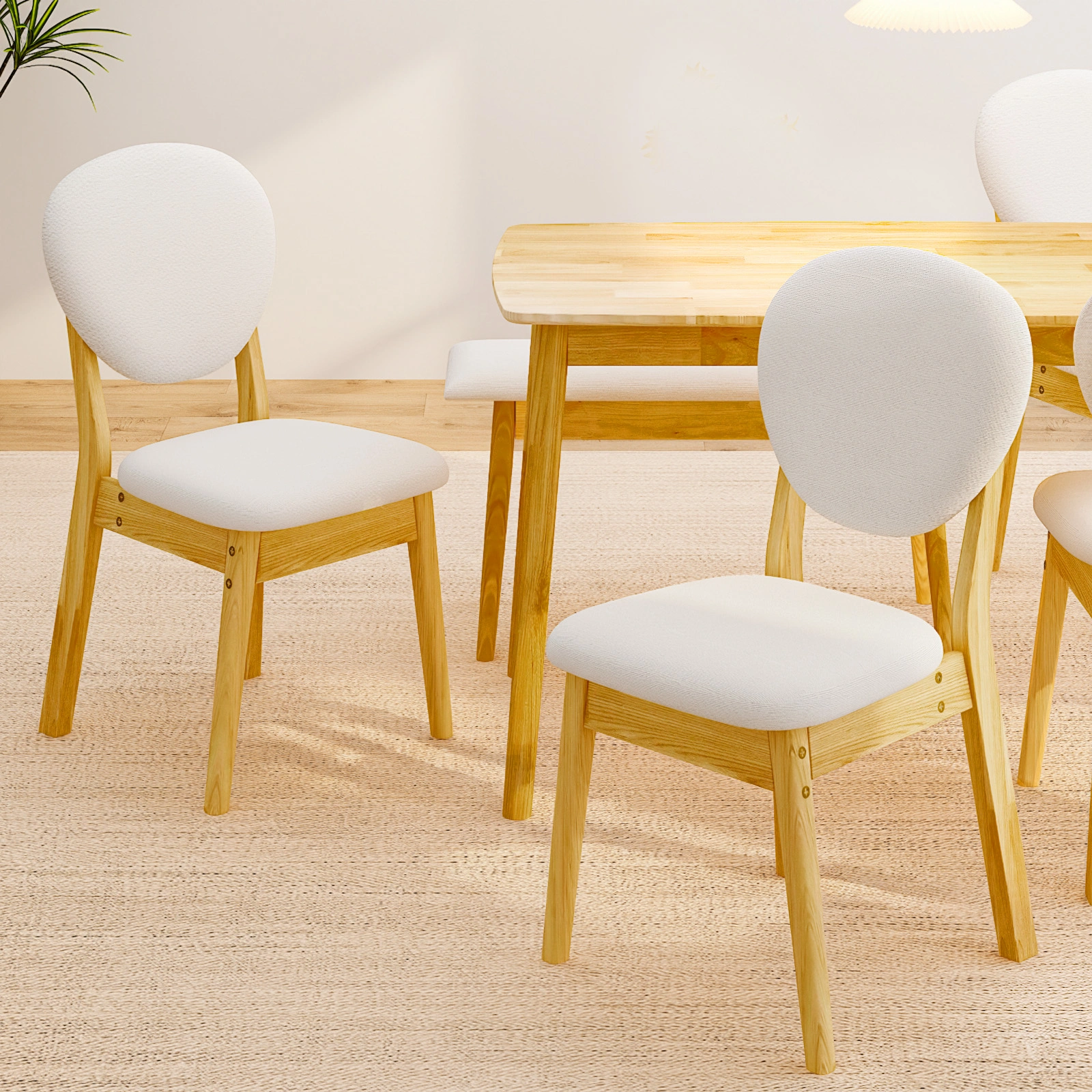 1 Table 2 Chairs 1 Bench Dining Set, Rubber Wood Frame with Beige Upholstered Seats, Natural Wood Finish Rectangular Kitchen Dining Furniture view 9