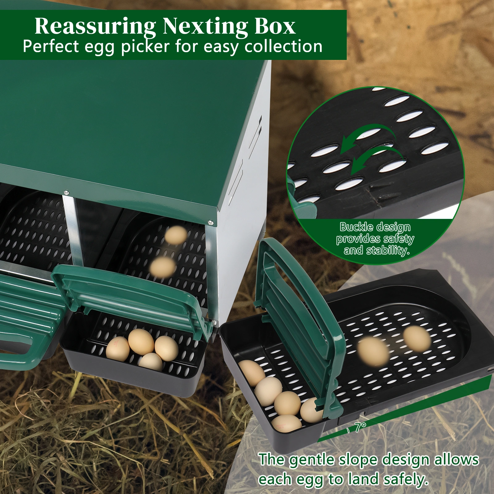 3 Compartment Roll Out Chicken Nesting Box with Plastic Basket, Egg Nest Box Chicken Laying Box Hens Chicken Coop Box, Green view 10