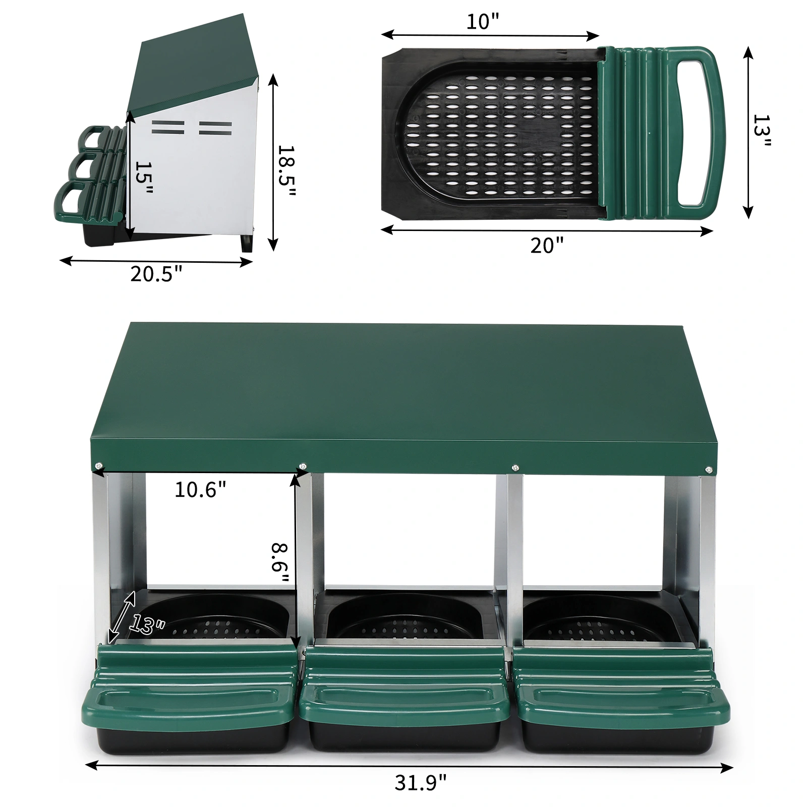 3 Compartment Roll Out Chicken Nesting Box with Plastic Basket, Egg Nest Box Chicken Laying Box Hens Chicken Coop Box, Green view 4