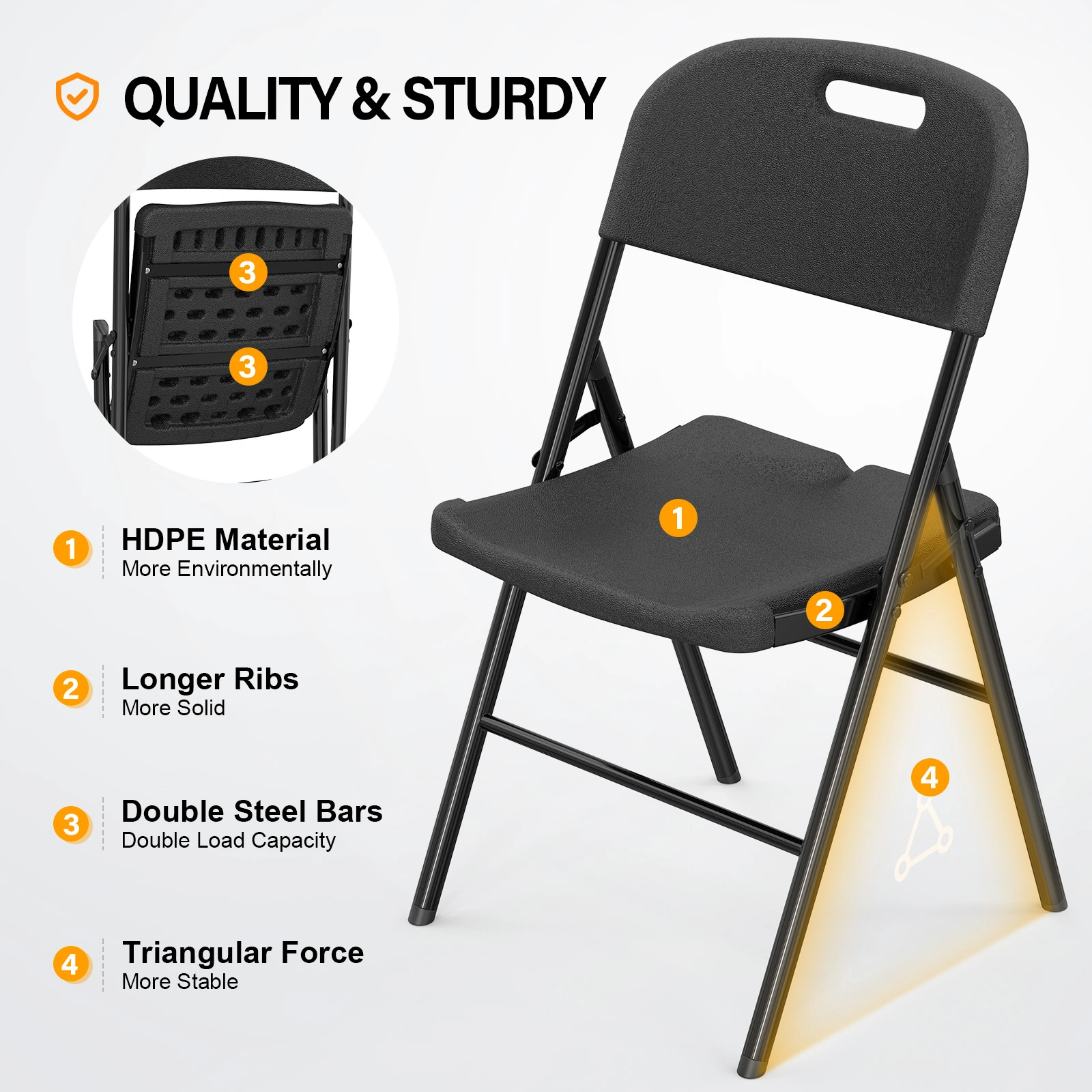 4 Pack Plastic Folding Chairs, 440 lb Capacity Commercial Grade Portable Chairs for Events Office Wedding Party Picnic Dining, Black view 5