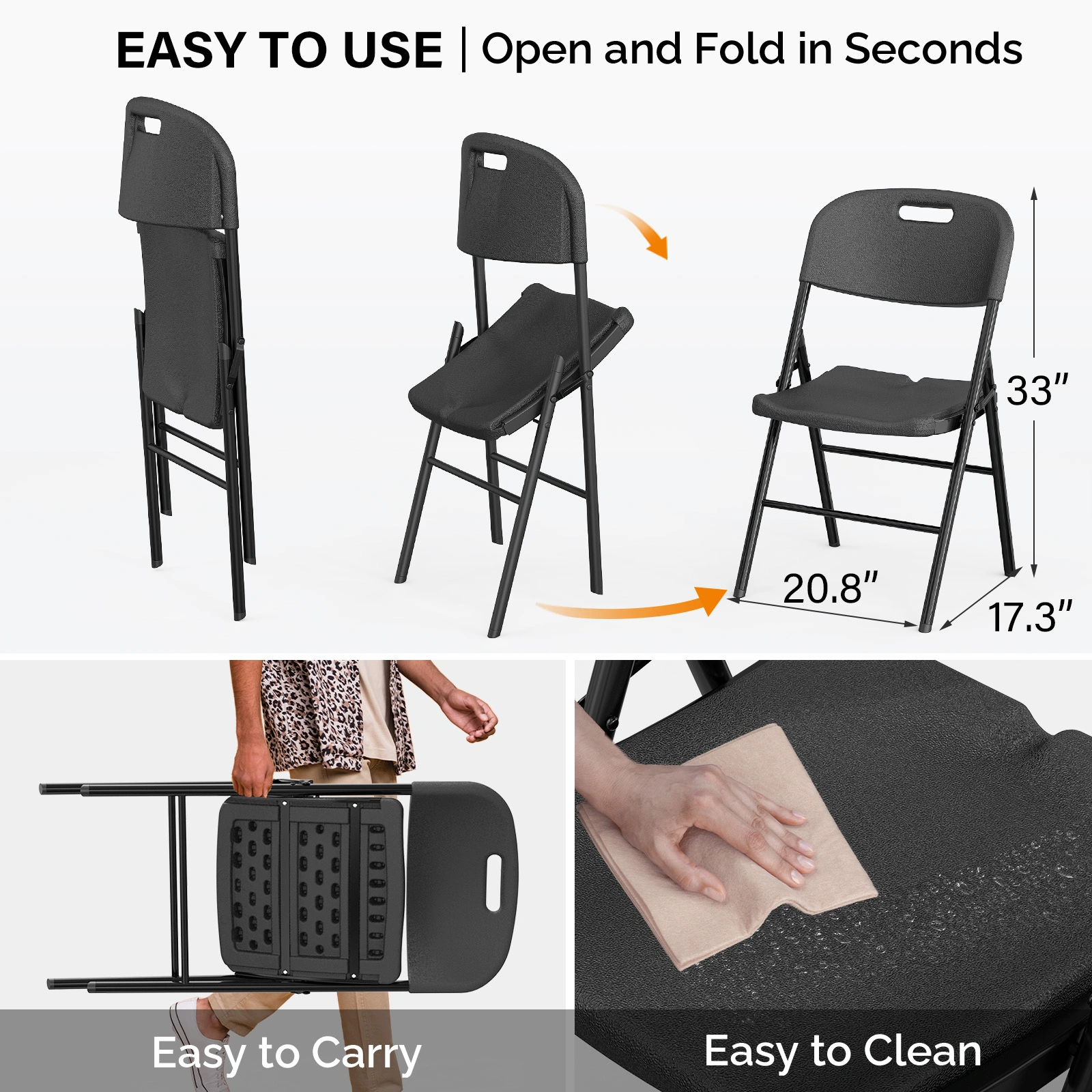 4 Pack Plastic Folding Chairs, 440 lb Capacity Commercial Grade Portable Chairs for Events Office Wedding Party Picnic Dining, Black view 6