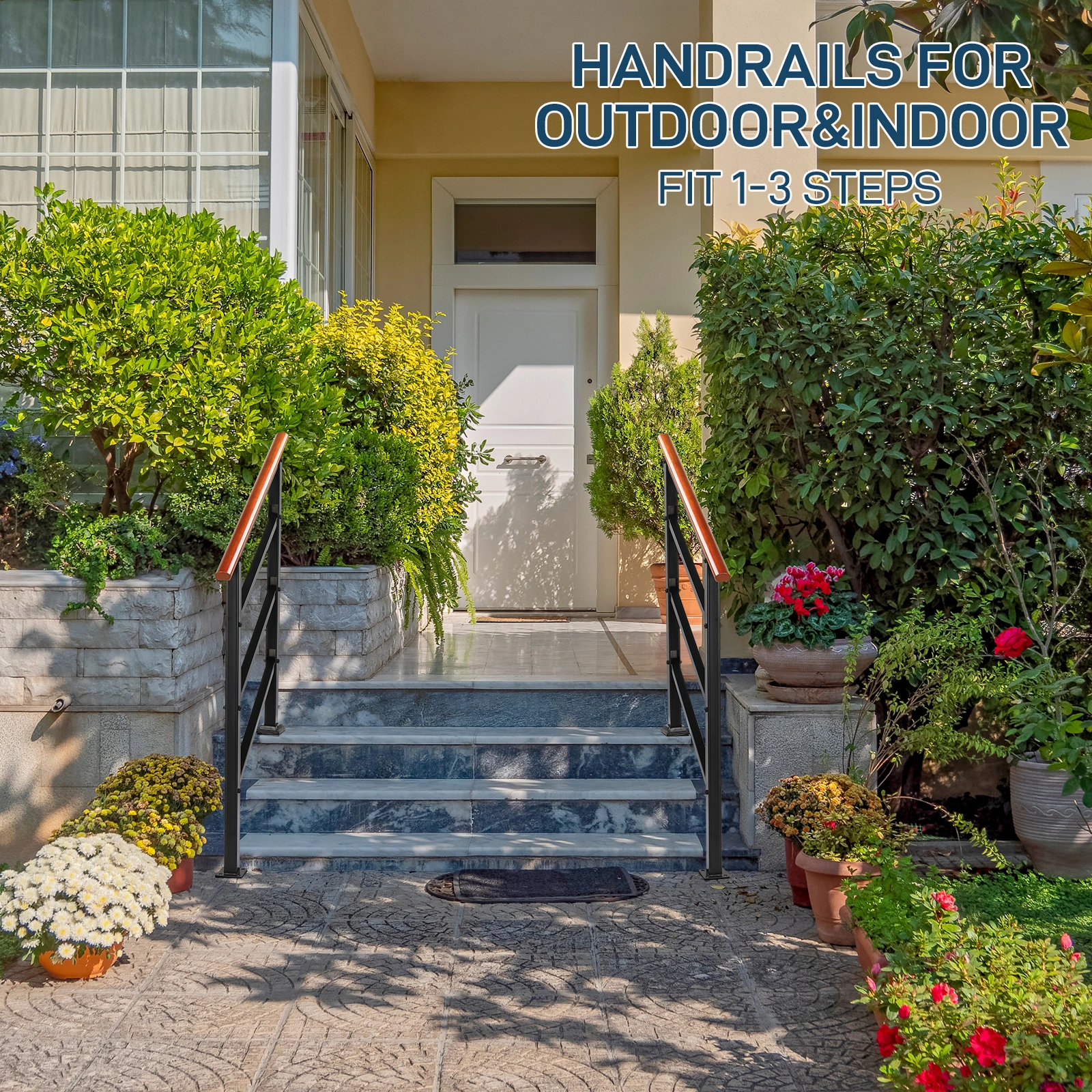 Wrought Iron Handrail with Solid Wood Railing for Outdoor Steps, Fits 1-3 Steps, for Concrete, Porch, Wooden Steps view 3