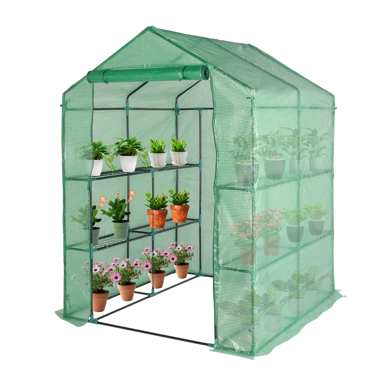 143x143x195cm Black Iron Pipe Steeple With 8 Pieces Grid Flower Stand With Zipper Rolling Door PE Cloth Greenhouse view 8