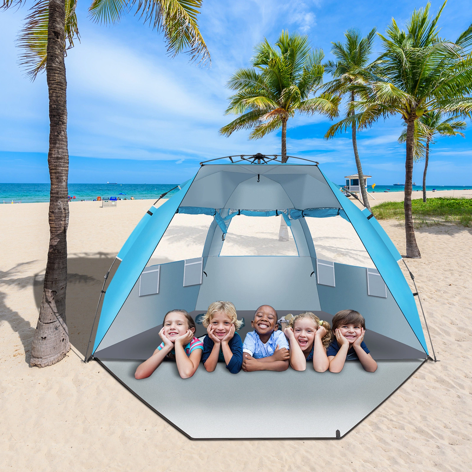 Fiberglass Pole Oxford Cloth Quick-Open Free Ride Beach Tent Blue view 18