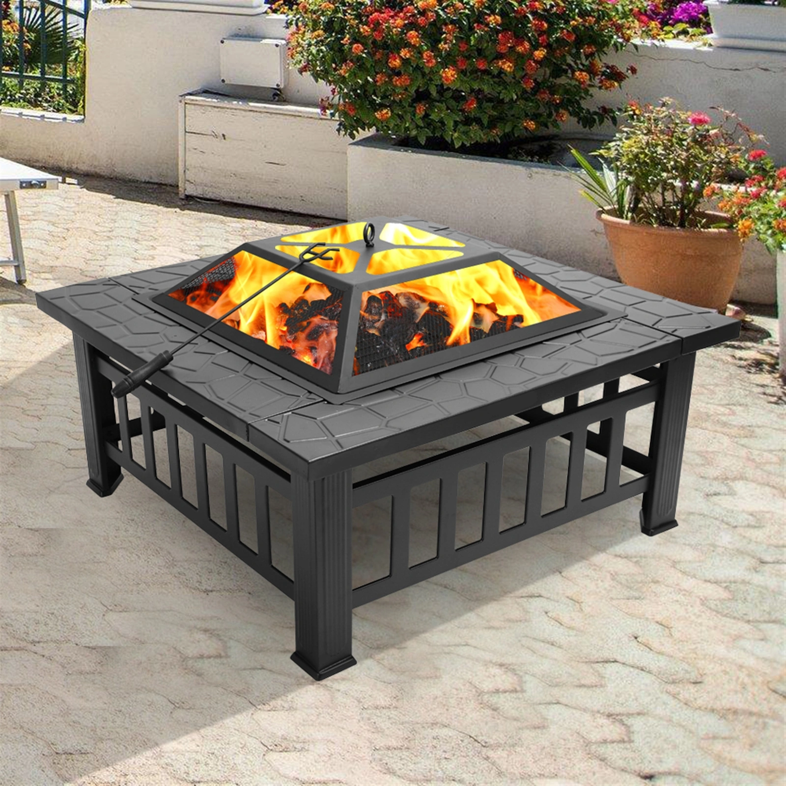 Portable Courtyard Metal Fire Pit with Accessories Black view 7