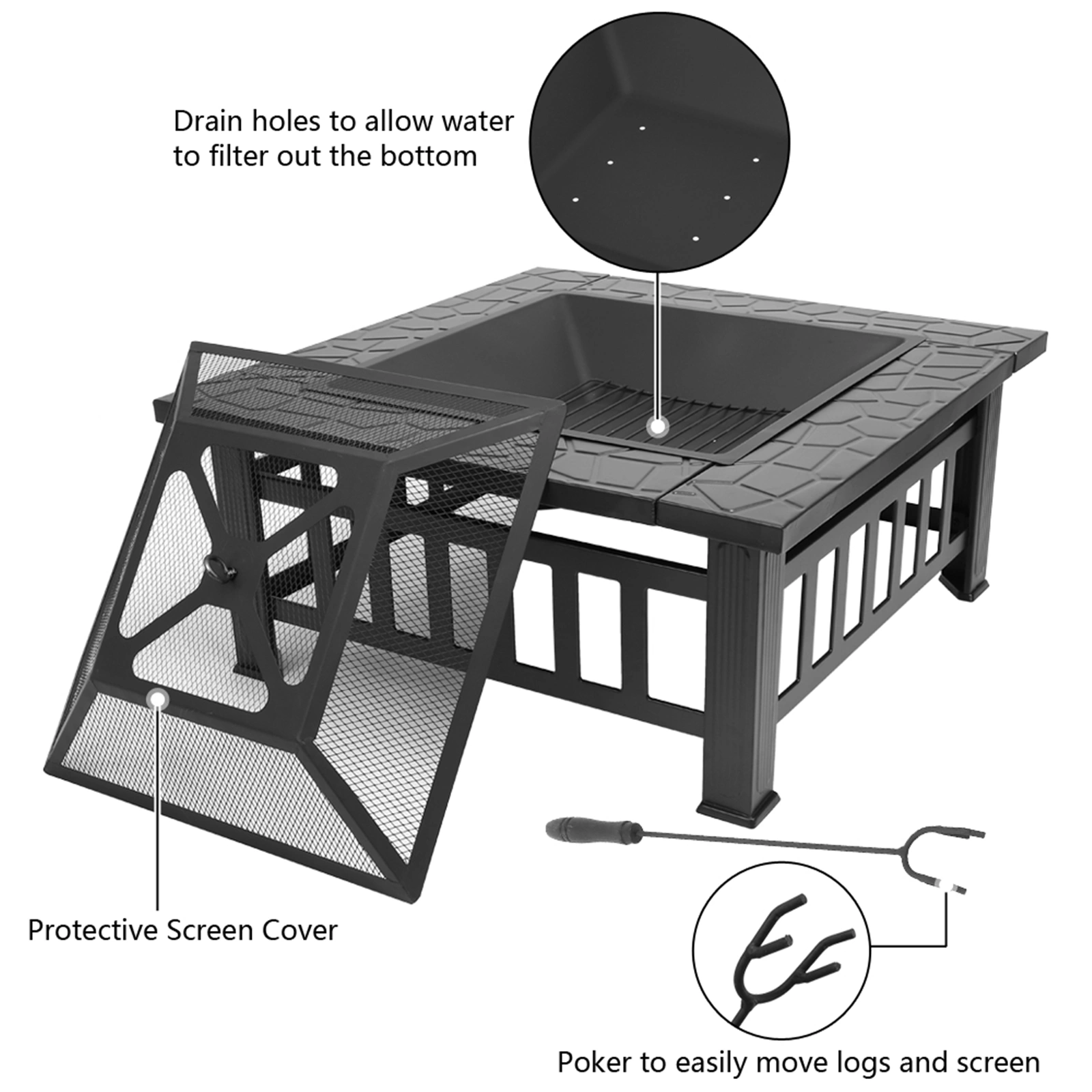 Portable Courtyard Metal Fire Pit with Accessories Black view 8