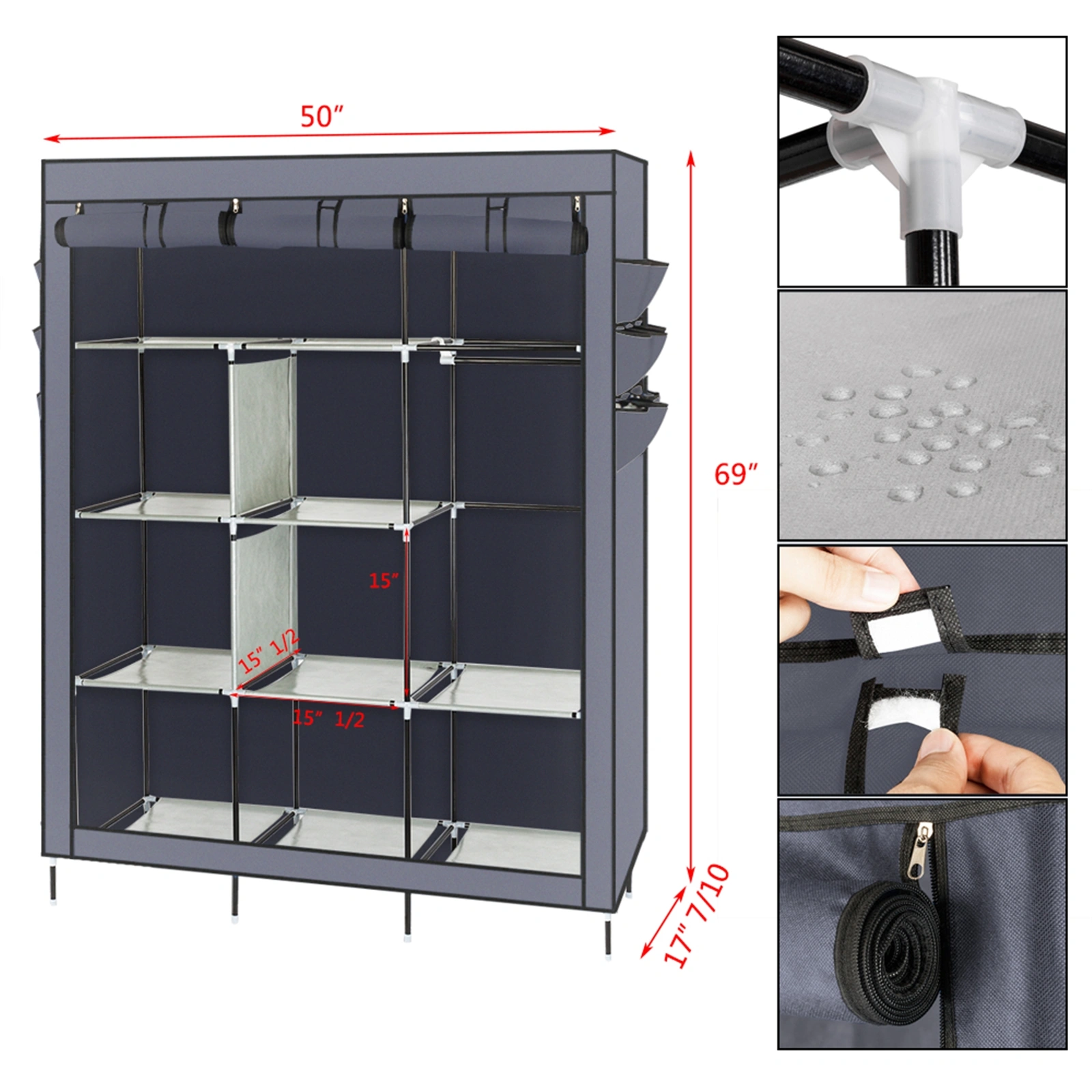 69" High-leg Non-woven Fabric Assembled Cloth Wardrobe Gray view 11