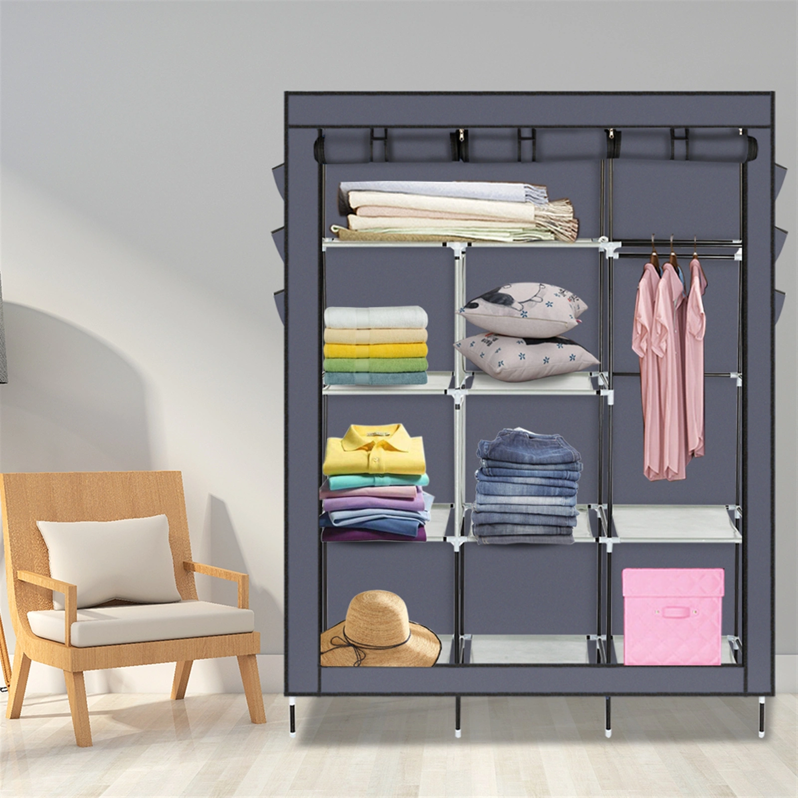 69" High-leg Non-woven Fabric Assembled Cloth Wardrobe Gray view 16