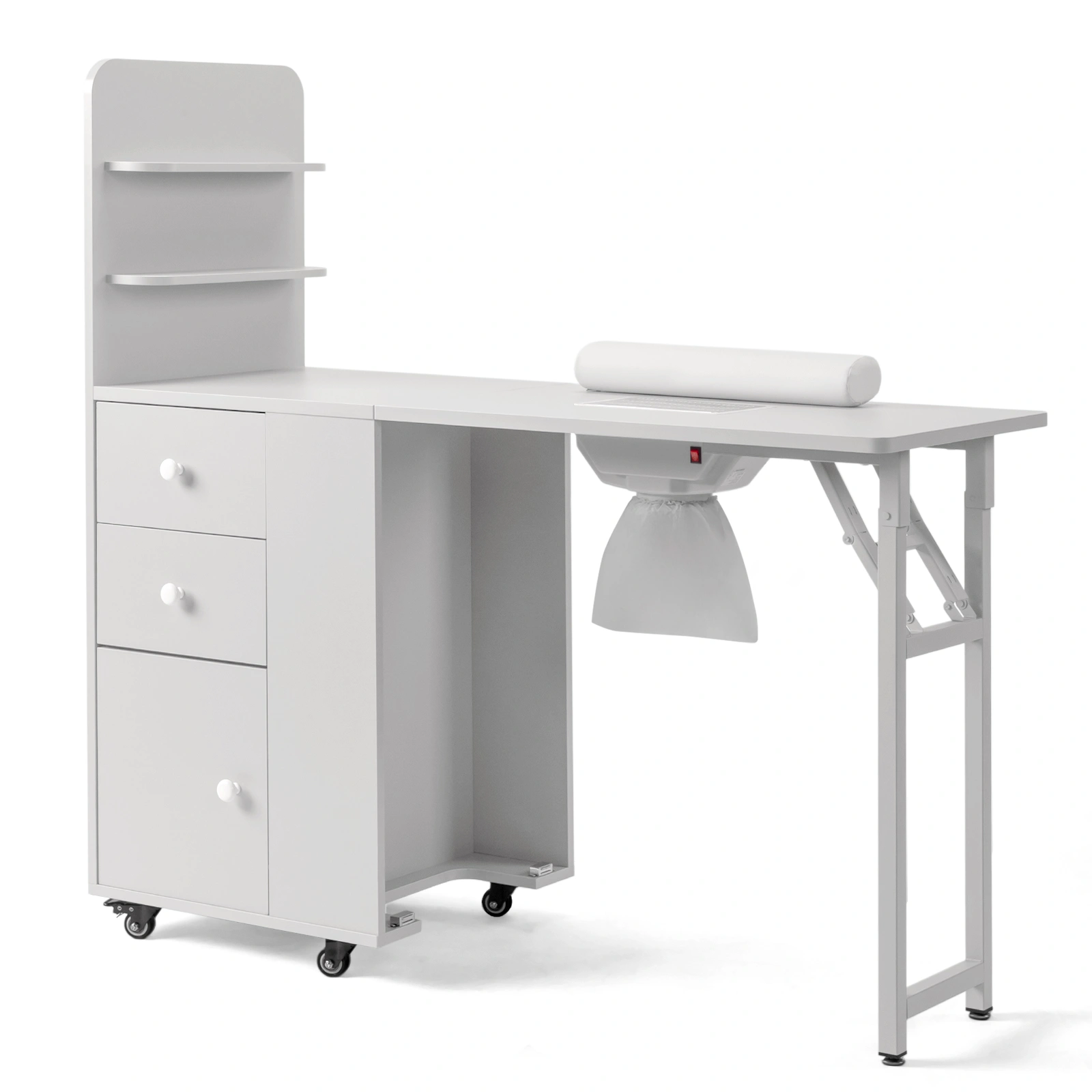 White MDF Folding Nail Desk with 2 Drawers, Cabinet Door & Storage Shelf view 2
