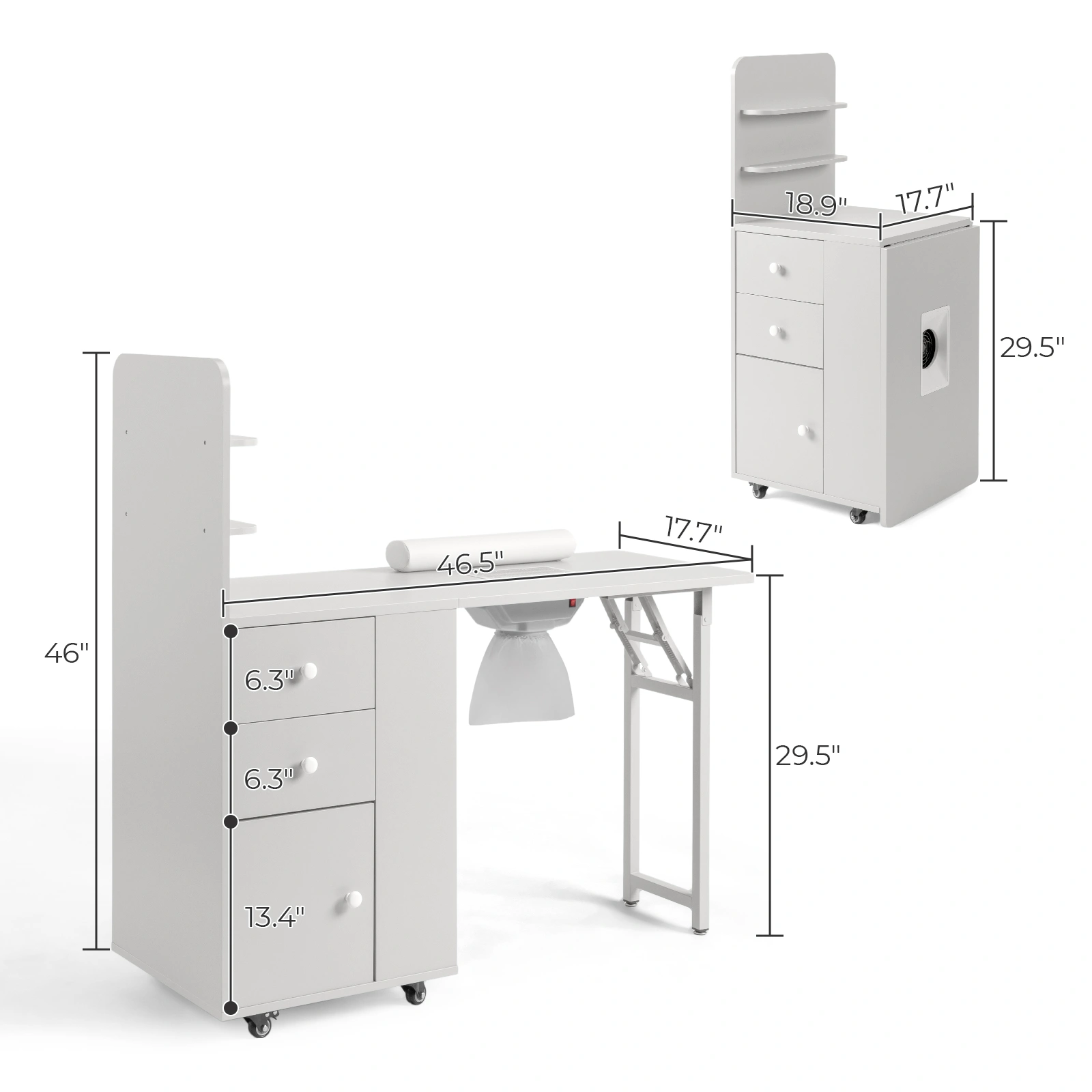 White MDF Folding Nail Desk with 2 Drawers, Cabinet Door & Storage Shelf view 4
