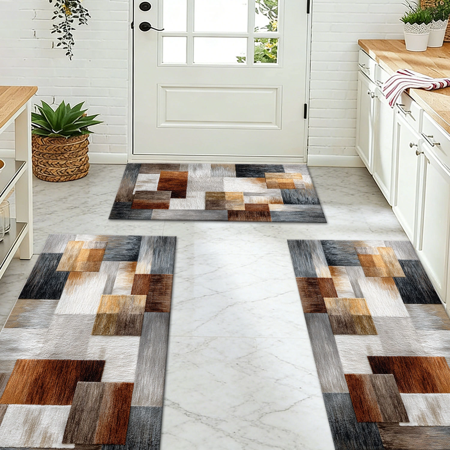 Three-piece kitchen rug set, non-slip and washable, abstract pattern kitchen hallway rug, soft and comfortable, suitable for sinks, floors, entrances, hallways and bathrooms. view 10