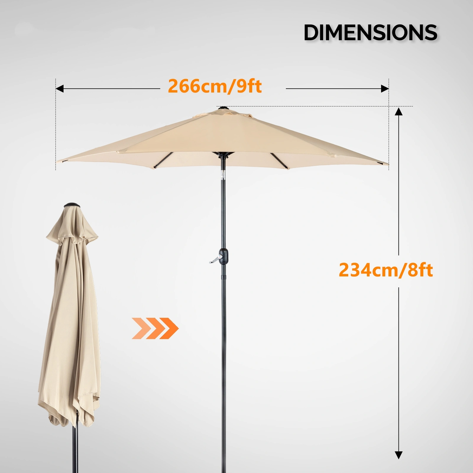9ft Patio Umbrella, Outdoor Market Umbrella with Push Button Tilt, Crank Handle, 6 Sturdy Iron Ribs, UPF 50+ Waterproof Solution-Dyed Polyester Canopy, for Garden, Deck, Backyard, Poolside, Beige view 14