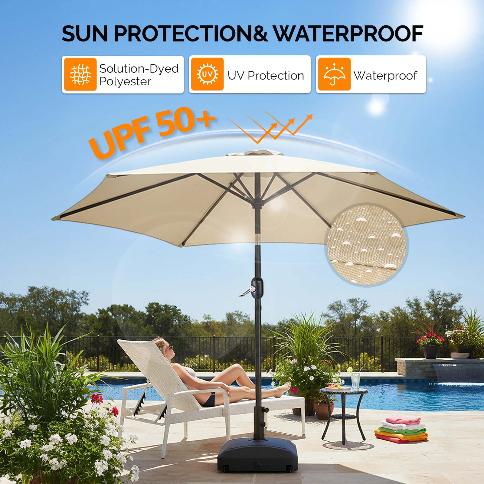 9ft Patio Umbrella, Outdoor Market Umbrella with Push Button Tilt, Crank Handle, 6 Sturdy Iron Ribs, UPF 50+ Waterproof Solution-Dyed Polyester Canopy, for Garden, Deck, Backyard, Poolside, Beige view 20