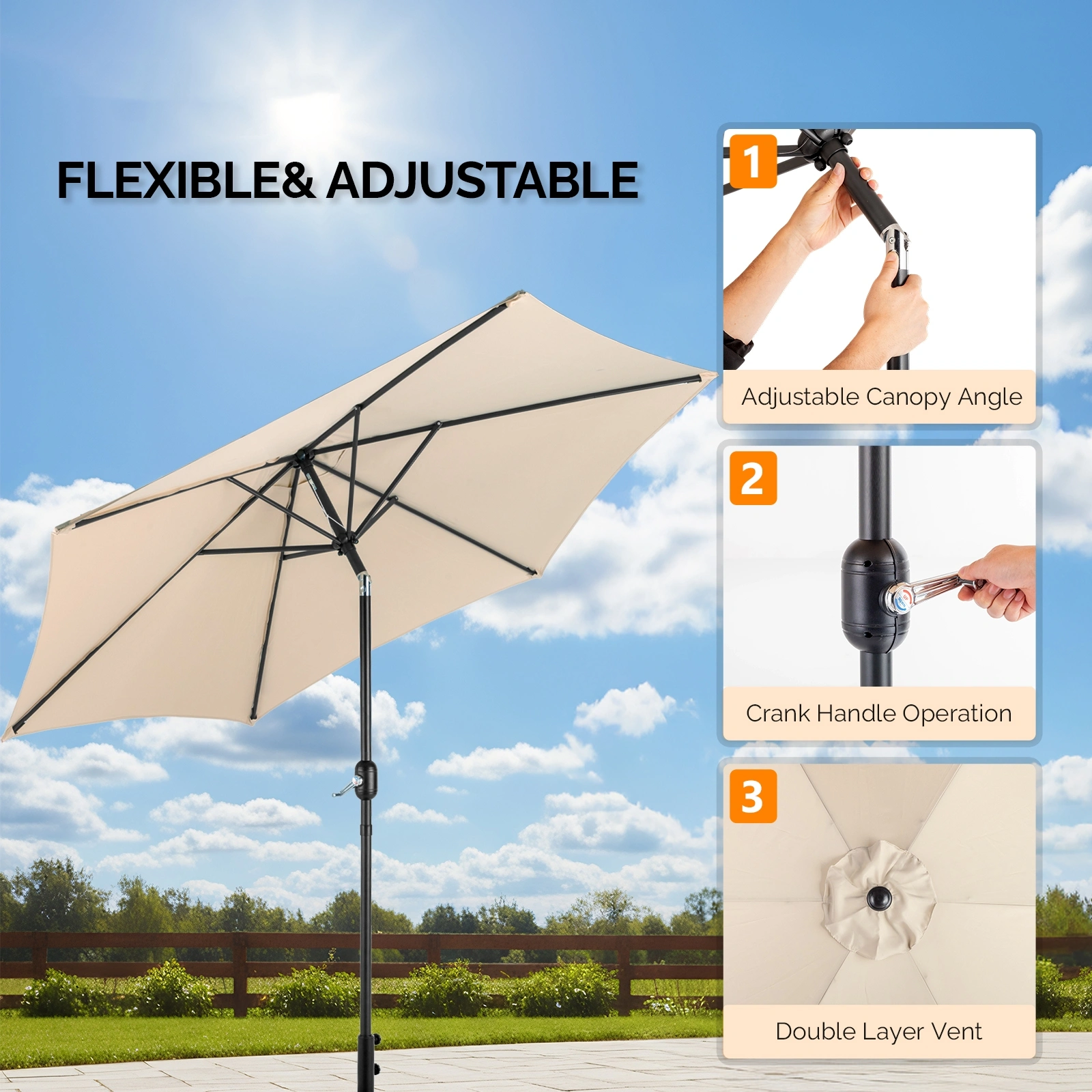 9ft Patio Umbrella, Outdoor Market Umbrella with Push Button Tilt, Crank Handle, 6 Sturdy Iron Ribs, UPF 50+ Waterproof Solution-Dyed Polyester Canopy, for Garden, Deck, Backyard, Poolside, Beige view 22