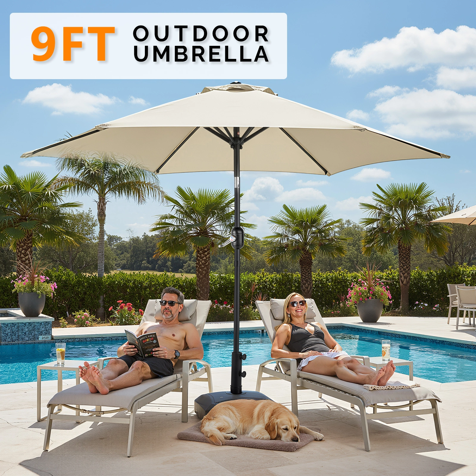 9ft Patio Umbrella, Outdoor Market Umbrella with Push Button Tilt, Crank Handle, 6 Sturdy Iron Ribs, UPF 50+ Waterproof Solution-Dyed Polyester Canopy, for Garden, Deck, Backyard, Poolside, Beige view 23