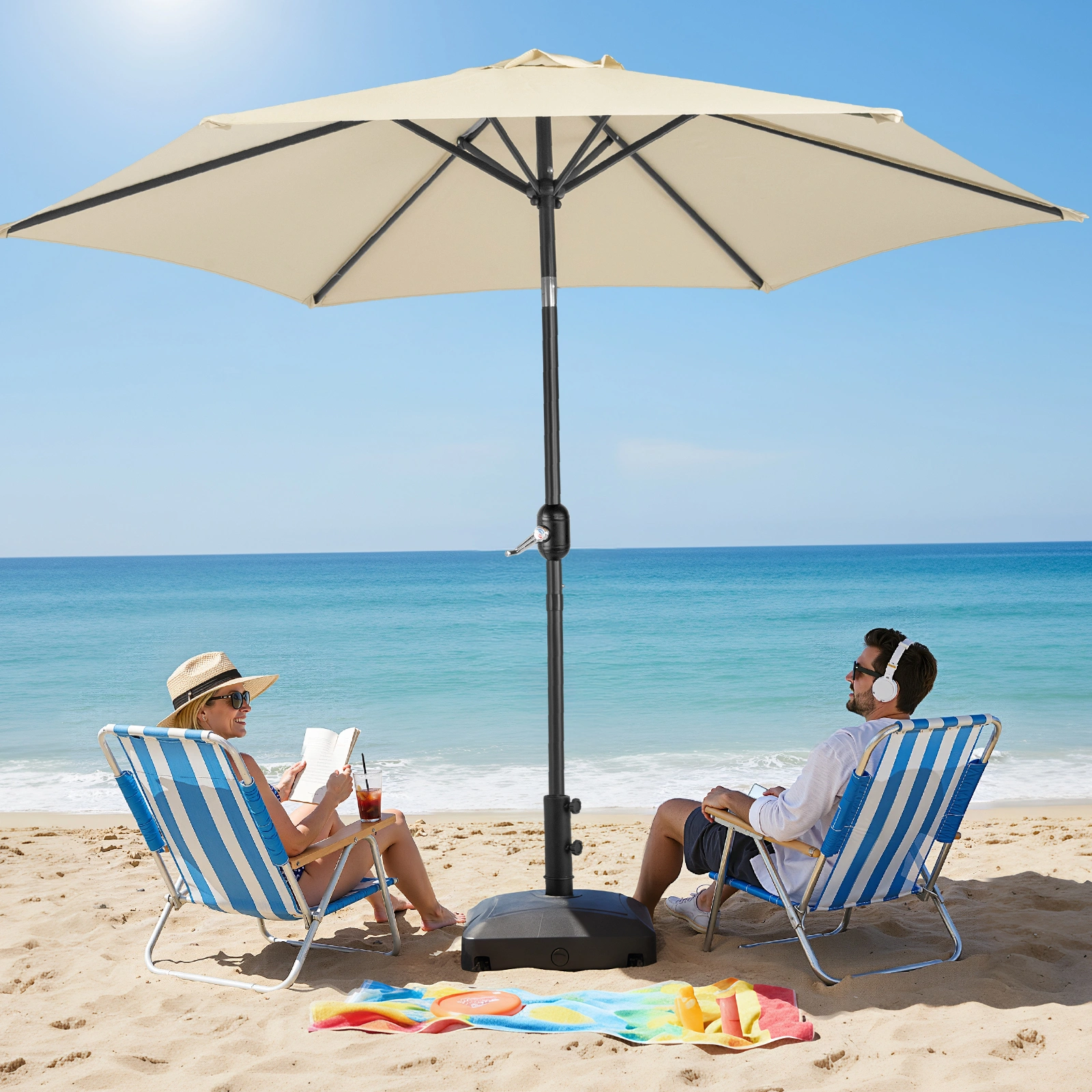 9ft Patio Umbrella, Outdoor Market Umbrella with Push Button Tilt, Crank Handle, 6 Sturdy Iron Ribs, UPF 50+ Waterproof Solution-Dyed Polyester Canopy, for Garden, Deck, Backyard, Poolside, Beige view 24