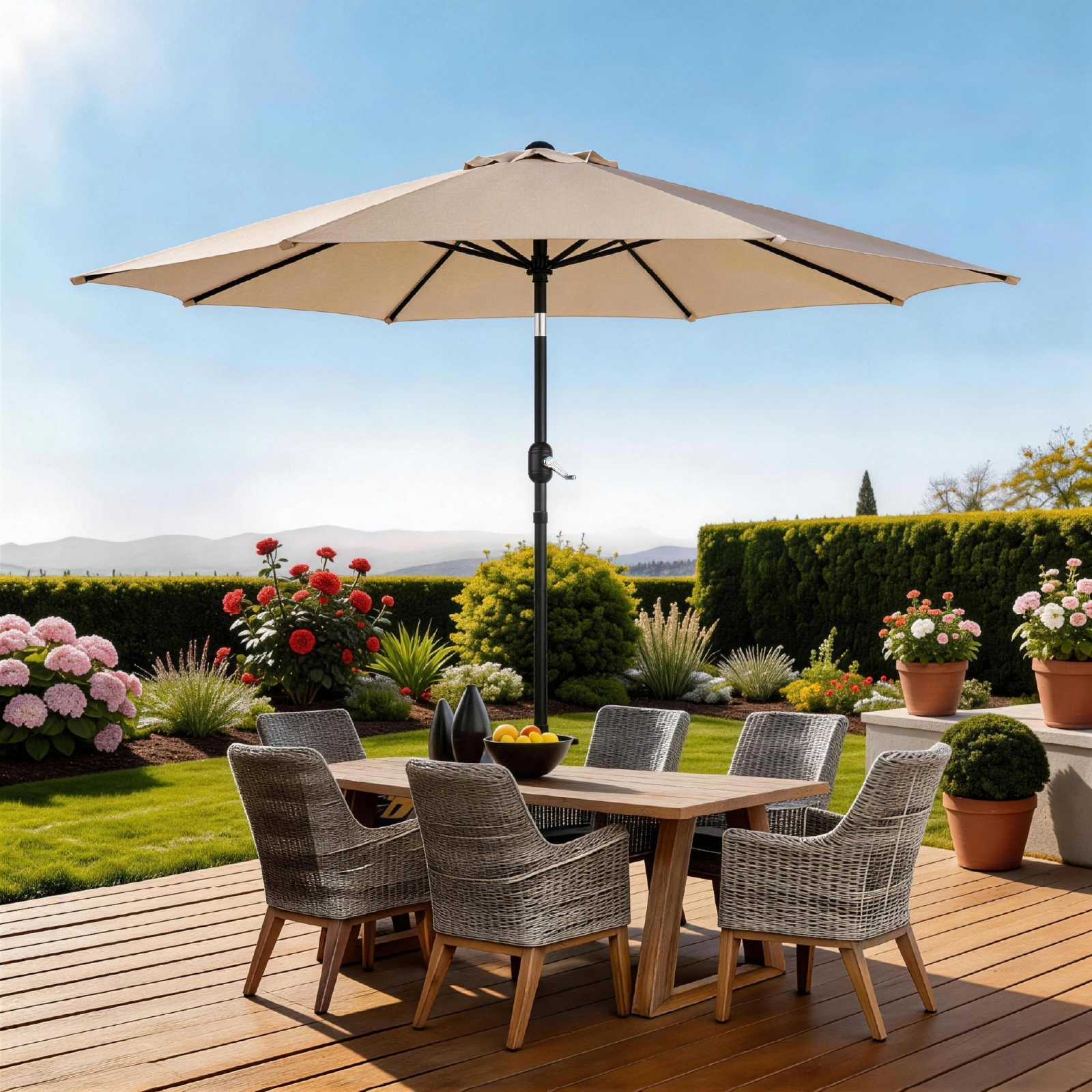 9ft Patio Umbrella, Outdoor Market Umbrella with Push Button Tilt, Crank Handle, 6 Sturdy Iron Ribs, UPF 50+ Waterproof Solution-Dyed Polyester Canopy, for Garden, Deck, Backyard, Poolside, Beige view 26