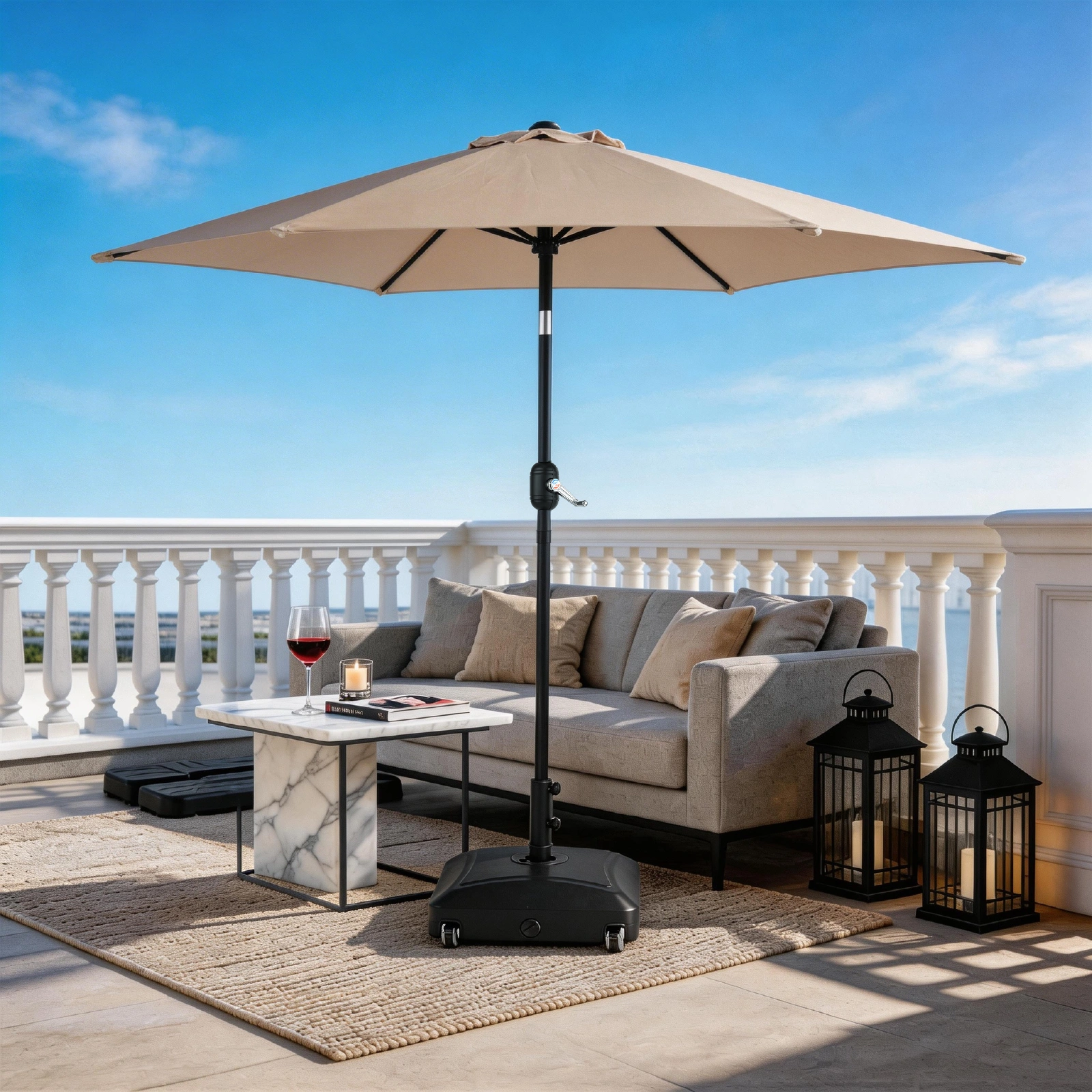 9ft Patio Umbrella, Outdoor Market Umbrella with Push Button Tilt, Crank Handle, 6 Sturdy Iron Ribs, UPF 50+ Waterproof Solution-Dyed Polyester Canopy, for Garden, Deck, Backyard, Poolside, Beige view 27