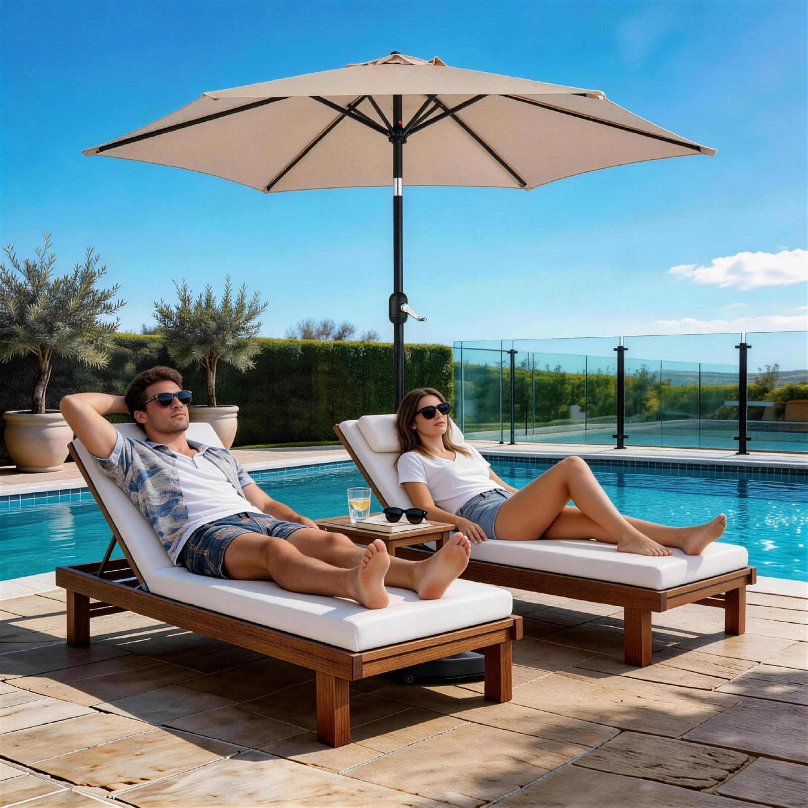 9ft Patio Umbrella, Outdoor Market Umbrella with Push Button Tilt, Crank Handle, 6 Sturdy Iron Ribs, UPF 50+ Waterproof Solution-Dyed Polyester Canopy, for Garden, Deck, Backyard, Poolside, Beige view 28