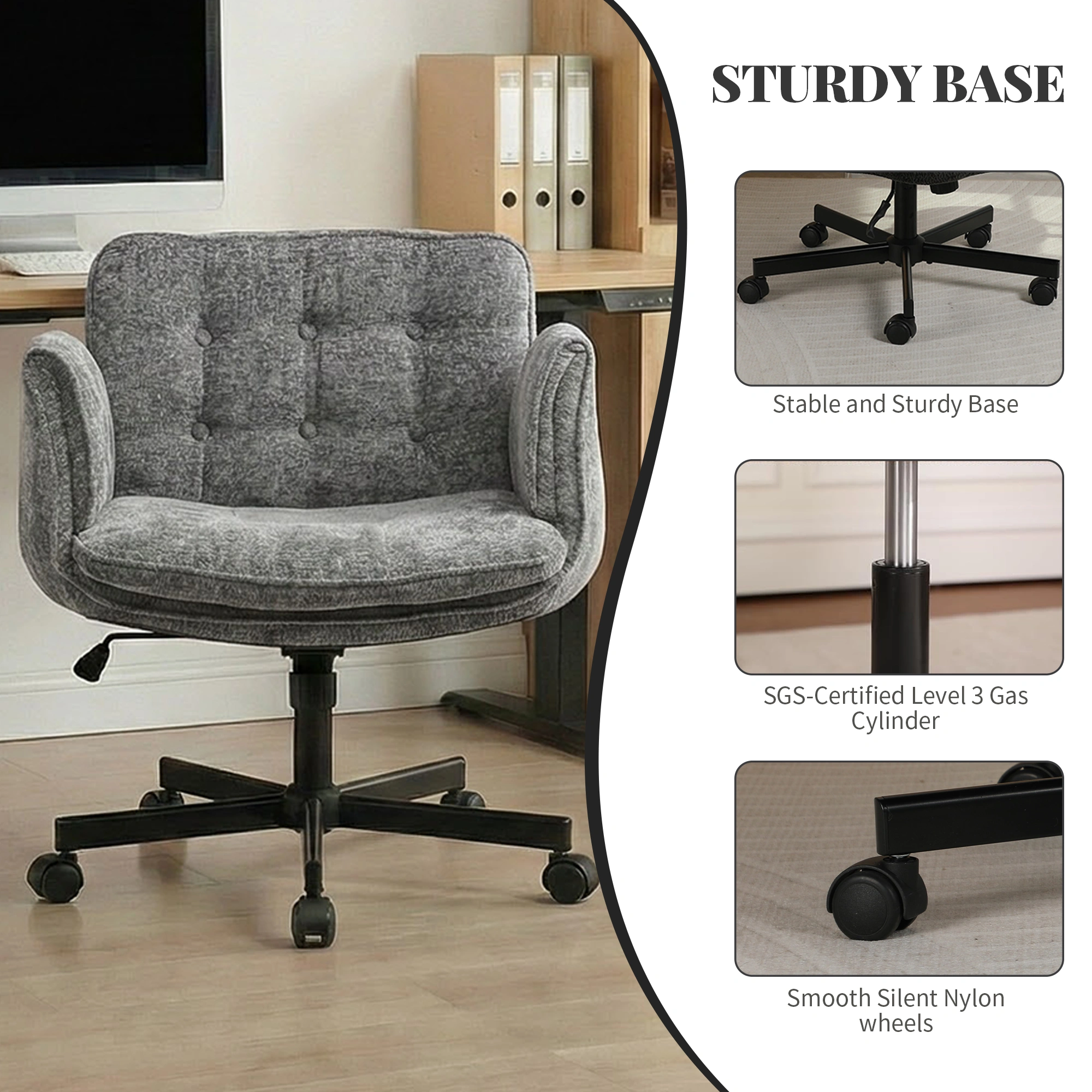 Height Adjustable Swivel Office Chair with Foldable Armrests & Casters, Dark Grey Home Desk Chair view 5