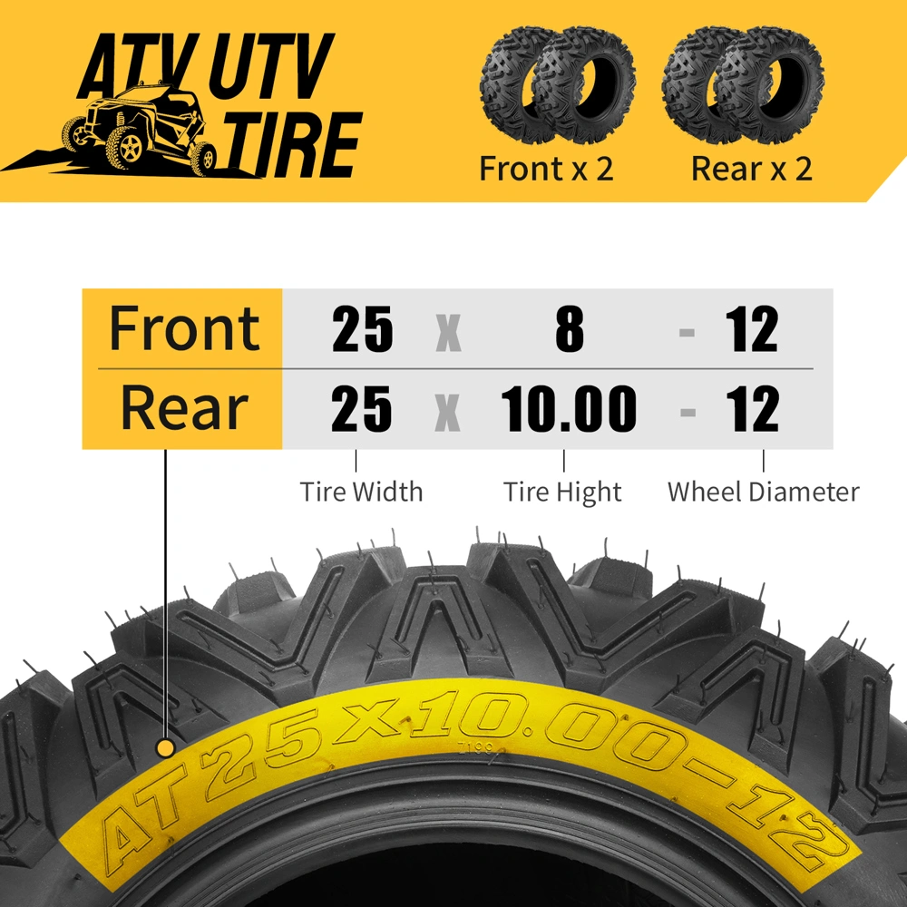 ATV UTV Tires Set of 4, 25x8-12 Front & 25x10-12 Rear, 25x8x12 25x10x12, 6PR Off-Road view 16