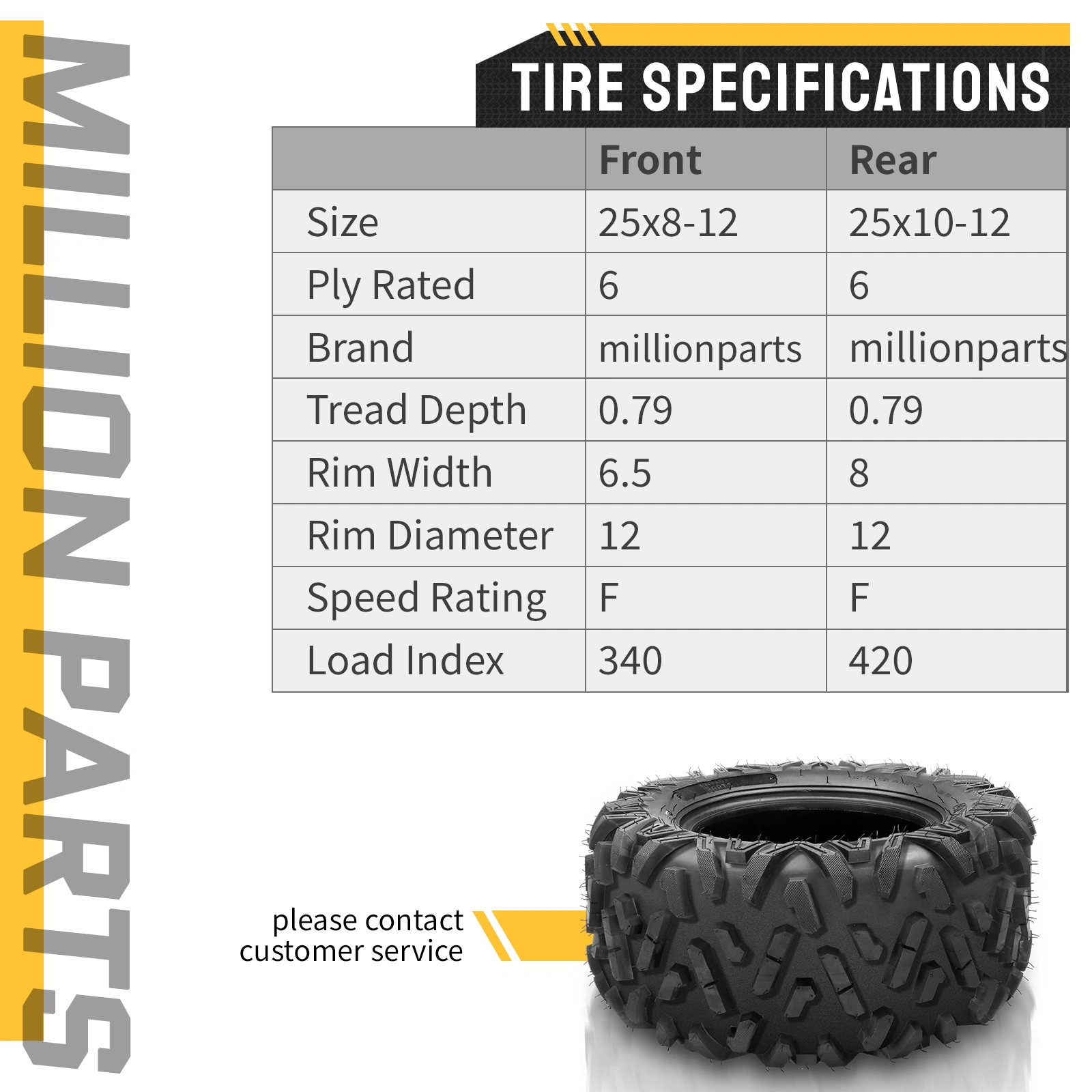 ATV UTV Tires Set of 4, 25x8-12 Front & 25x10-12 Rear, 25x8x12 25x10x12, 6PR Off-Road view 17