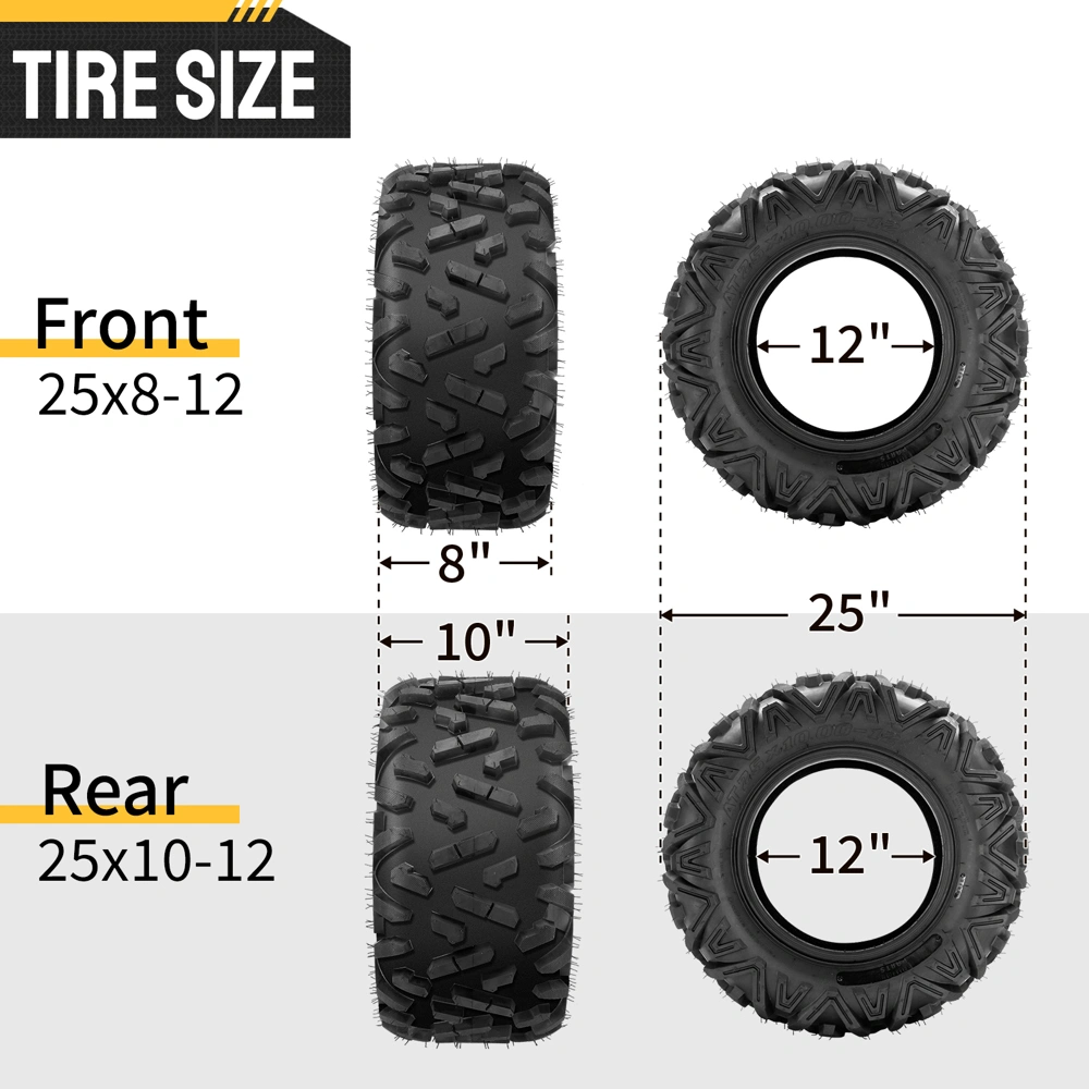 ATV UTV Tires Set of 4, 25x8-12 Front & 25x10-12 Rear, 25x8x12 25x10x12, 6PR Off-Road view 8