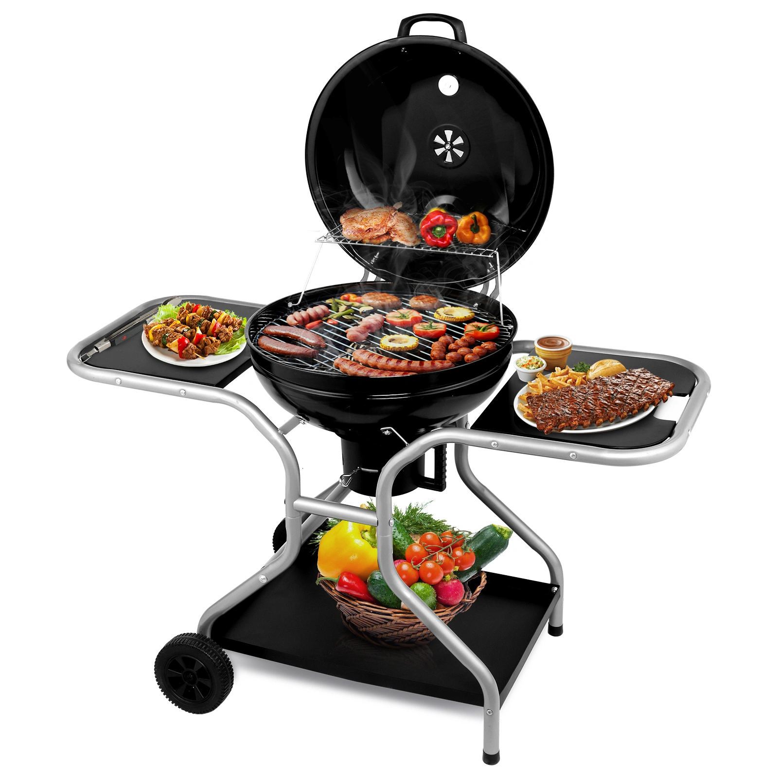 Kettle Charcoal Grill with 2 Side Tables, Storage Shelf, Upgraded Ash Catcher, Thermometer, Air Vents, Outdoor Cooking Barbecue Grill with Wheels view 10