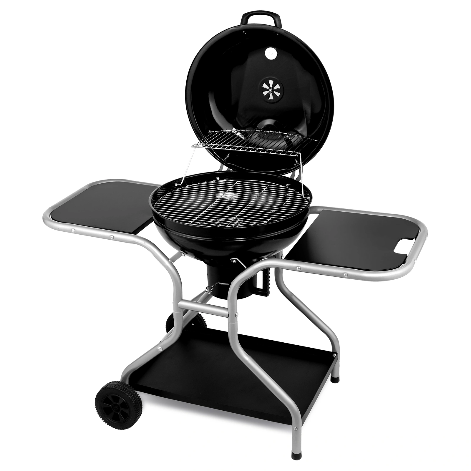 Kettle Charcoal Grill with 2 Side Tables, Storage Shelf, Upgraded Ash Catcher, Thermometer, Air Vents, Outdoor Cooking Barbecue Grill with Wheels view 13