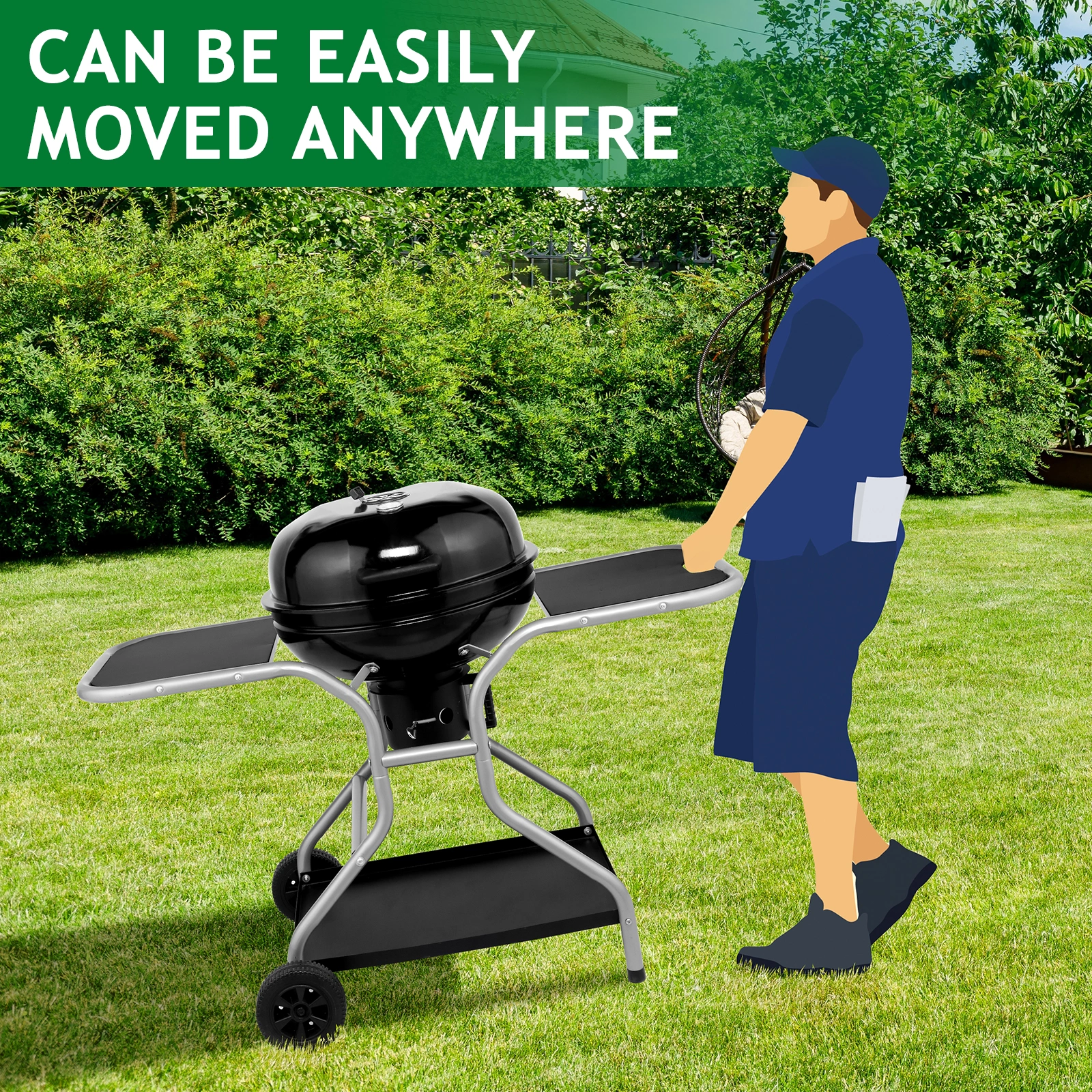 Kettle Charcoal Grill with 2 Side Tables, Storage Shelf, Upgraded Ash Catcher, Thermometer, Air Vents, Outdoor Cooking Barbecue Grill with Wheels view 2